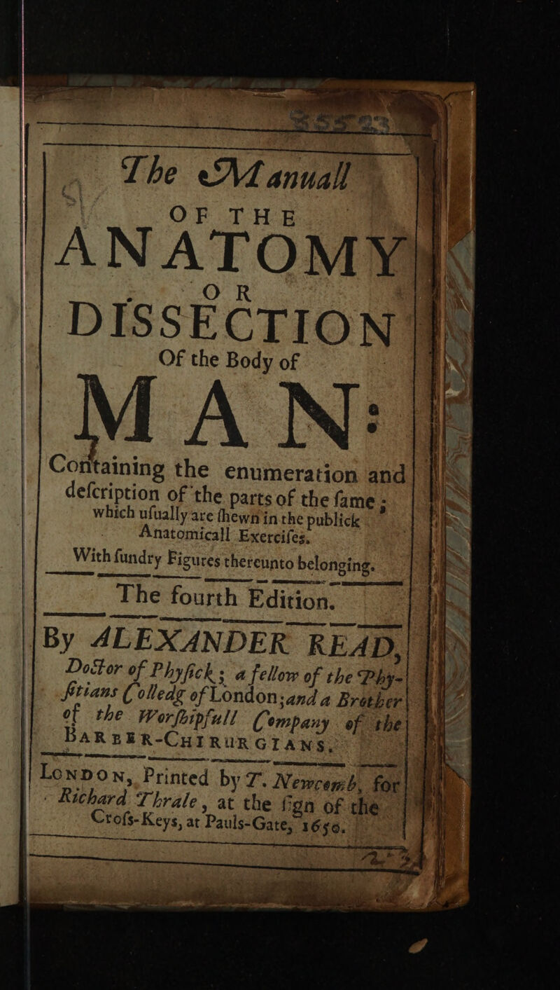 1]. Lhe Manual AP P| OF THE ie TA NATOMY iN DISSECTION [fe Of the Body of : | MAN: Containing the enumeration and defcription of ‘the parts of the fame - which ufually are thewn in the publick Anatomical Exercifes, With fundry Figures thereunto belonging. | The fourth Edition. |By ALEXANDER READ, Doctor of Phyfichs a fellow of the Phy- || #téans ( ollede of London:and a Brother | 1} of the Worfipfull Company of the | BAREER-CHIRURGIANS. ak Lonpon, Printed by 7. Newcomb, for! Wal + Richard Thrale, at the fgn of the. Crofs-Keys, at Pauls-Gate, 166. 4