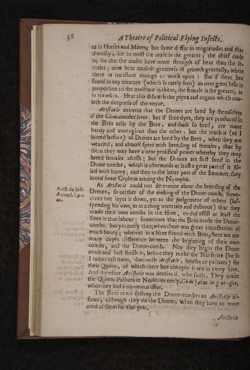 as in Horfcs and Miresj but Tome differ in magnitude, and that d;verity, tor in moft the male is the greater ; the chief caufe !S» tor that the males have more ftrength of heat than the fe. i^ales; now heat caufetb gi eatneis of growth generally, where there is mcifture enough to work upon : But if there bee found in any creature (which is rarely feen) an over great heat in proportion to the moifture in them, the female is the greater, as ;n ha wkis. Heat alio dilatechche pipes aad organs which cau- iech the ocepaefs of the voyce. - ||j^H Ariftetle delivers that the Drones are bred by themfelves it the Commander lives, but if fiheedyes, they are produced in the Bees cells by the Bees, and thefe fo bred, are more bardyand couregious than the other; buc the truth is (as I hinted before) ail Drone* are bred by the Bees, when they are wearied, and almoft fpent with breeding of females, that by them they may have a new prolifieal power whereby they may breed females afreih; but the Diones arc fiift bred in the Drone combe, which is afterwards at leaft a great part of it fil¬ led with honey; and then in the latter part of the Summer ,they breed fame Cephens among the Nymphs. ‘ ] h'ft Ariftotle could not determine about the breeding of the l.si c. ^r0RC#» fo neither of the making of the Drone-comb, fome- times hec layes it down, yet as the judgement of others (faf- /pending his own,as in aching uncertain and dubious) that they made their own combs in the Hive, or did sffift at leaft the Bees in that labour; fometimes that the Bees made the Drone- combs, but yet onely then,when there was great cxpcaation of much honey; whereas in a Kive ftored with Bees,there are not many dayes difference between the beginning of their oWn combs, and the Drone-comb. Nay they beam rh* H,™*