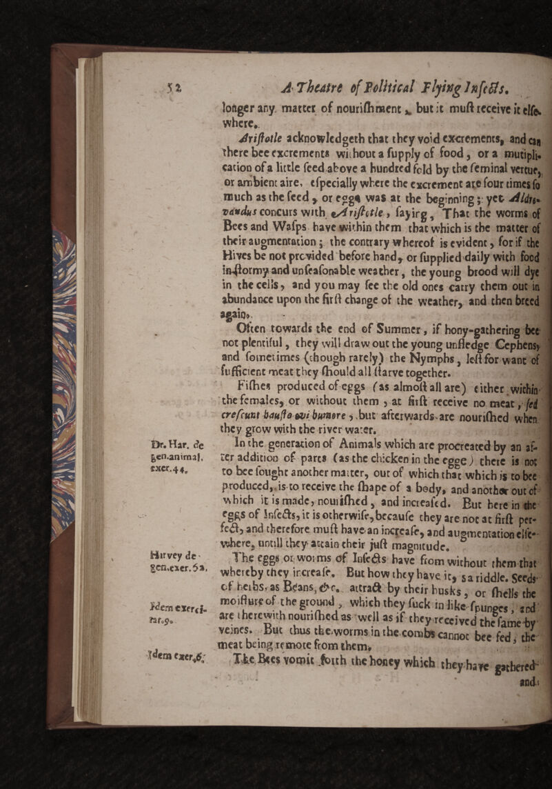 Dr.Har. <?e gen.animaf» fxcr.44^ ( Harvey <Jc' 5 a, Mem cierci- tfetn txcrJl' *'rB longer any matter of nouriftiment K but it muft receive it elfo. where,. Ariftatle acknowledged! that they void excrements, and can there bee excrement* without a fupply of food, ora mutipli. cation ofa little feedabove a hundred fold by the feminat vertue, or ambient aire, efpecially where the excrement are four times fo much as the feed r or egg* was at the beginning; yet Aldn+ vandusconcurs with t/iriftttle, laying, That the worms of Bees and Wafps have within them that which is the matter of their augmentation; the contrary whereof is evident, for if the Hives be not provided before hand* or fupplicd daily with food in^ormy and unfeafonable weather, the young brood will dye in the ceils, and you may fee the old ones carry them out in abundance upon the fir 11 change of the weather, and then breed again,. Often towards the end of Summer , if hony-gathering face not plentiful, they will draw out the young unfledge Cepbens> and fometimes (chough rarely) the Nymphs, left for wane of fufficient meat they (hould a! 1 llarve together. Filhe* produced of eggs fas alrnolt all are) either, within the females, or without them , at firft receive no meat, fed crefeum bauffo tvi bumere ■> ,but afterwards-are nourilhed when they grow with the river water. In the generation of Animals which are procreated by an af¬ ter addition of pare* (as the chicken in the egoe) there is not to bee fought another matter, out of which tba°t which is to bee produced, , is to receive the fbapeof a body, and another out of which it is made, ncuiifhcd, and increafe d. But here in die eggs of Infers, it is otherwife,becaufe they are not at fitft per- fea,and therefore muft havean increafe, and augmentation eife- vAcre, until! they attain their juft magnitude. ° ■ : The eggs or wot ms of Me&s have from without them that whereby they increafe. But how they have it, sa riddle. Seeds- cf herbs, as Bt'ans, &c. attra^ by their husks, or ftielis the i moiflureof the ground which they fuck in like frunees and are therewith nourifhedas well as if they received the lame by veincs. But thus thc.worms in the combs cannot bee fed the meat being remote from them* . Tie Bees vomit .forth the honey which they have gathered^ r . *• andi