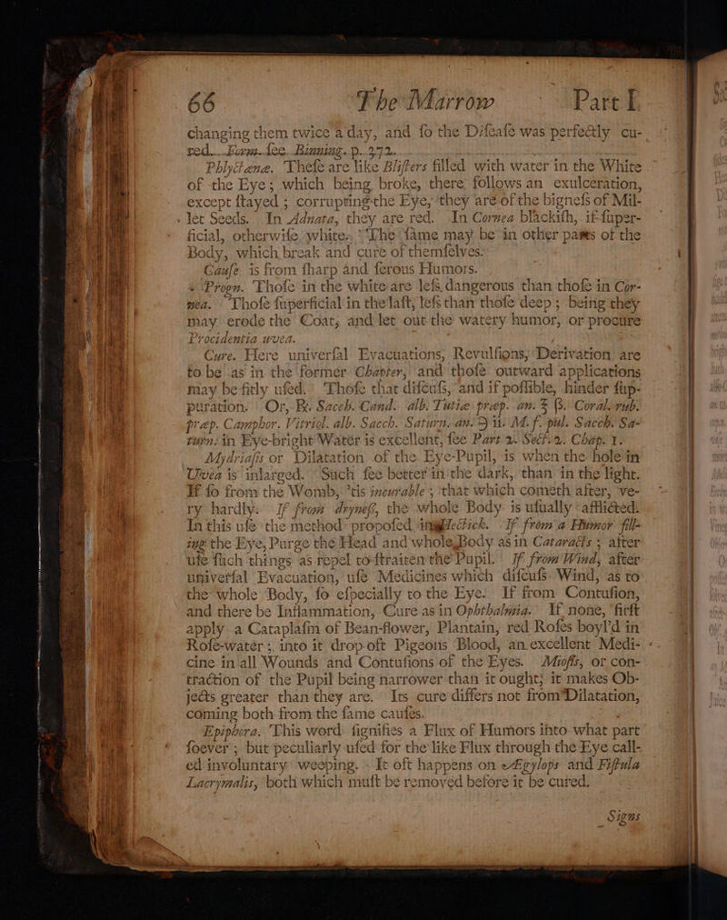 ~ e i Sark 7— 2 ay {’. TTA : mM Q? * z changing them ¢ he Dvicaie was perfectly cu- X ~/ . a. : . vs red, _.Fovm-lee..Binuing. p..3.72. Dil C ra » bp “s Z 1; &gt; &gt;]; Pier. ro TARE &gt; 4 ce Lae Phlyctana. ‘I hefe are like Blifters filled with water in the White of -the Eye ; which being broke, there follows an exulceration, except ftayed ; corrupting-the Eye, ‘they are of the bignets of f Mil- et Seeds. In Adnate ; they are red. In Cornea blackith, if fuper- ficial, otherwife white, °‘The fame may be in other pases of the 5) ae 8 13 k and cure of themfelves DOGY, Whic h preak and ries or tnem ves 4 5 A ee RT slp rg EEN Ey ,,. ¢ Gaule iS from inarp a and 1 ferou iS FLUMOT!S. 2 Prog. Thote 1 in er white are lefs da ngerous than thote i in Cor- yea. “Lhofe fuperficial in the'laft, lefs than thofe deep ; being they { may erode the Coat; and let out the watery humor, or procure 0g 1a Be Cure. Here univerfal. Evacuations, Revulfions, Derivation are to Pest as in the formér Chapter; and thofe outward a apy »plications y befitly ufed.’ Thofe that difeufs, and if poflible, hinder {up- pay acion. Or, kk + Sa wceh. Cand. alb. Tutie prep. an. % (8. Coral. rub. prep. Carmphor. Vitriol. Pale. Sacch. Saturn. ise i M. f. pil. cence Sa- tin: in Bye right Watér is excellent ti Part 2. . Seeh 2. Chap. Mydriafs Dilatation of the Eye ‘Pupil, is when the hole § in cat o&gt; hae 4 ms Uvea is inlarged. Such f fee better’ in the dark, than. in the light. tt , 1 .. = es Sees i. 4 doauet r {o from the Womb, tis inewrable , that which cot meth after, ve- 2 ‘bt, y hardly. If from drynefy, the whole Body y is ufually «affliGed. rr this ule Mid method propofed tnigelectick. If from a Humor fill- 100° the Eye, Purge the Head and whole,Body asin Catarads ; after ufe fich things as repel to-ftrairen the Papil. If from Wi iad, after umiverfal Evacuation, ie Medicines which difcufs. Wind, as to the whole Body, fo efpecially to the Eye! If from Contufion, and there be Inflammation, Geie as in Ophthaluia. If none, ‘fittt apply a Cataplafn of Bean-flower, Plantain, red Rofes boyl'd in Rofe-watér ;. into it drop oft Pigeons Blood, an excellent Medi- cine in all Wounds and Contufions of the Eyes. Miofts, or con- traction of the Pupil being narrower than it ought; it makes Ob- jects greater than they are. Its cure differs not fromDilatation, coming both from the fame caufes. | Epipbera. This word fignifies a Flux of Humors ito what part foever ; 3 but peculiarly ufed for the like Flux through the Eye call- ed involuntary: weeping. ~ It oft pee On e cylops a a dei Lacrymalis, both which muft be removed before it tg cured, 2,3 i ag eR a.