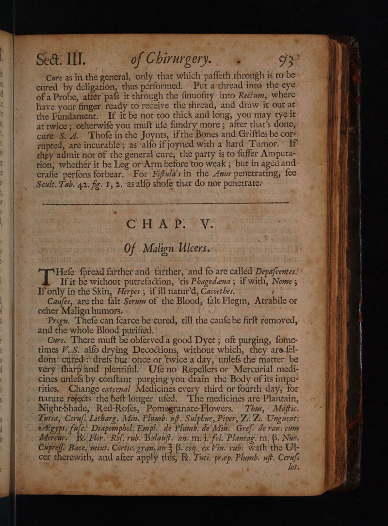 Se@ I... of Coirurgery. 7? Cure as in the general, only that which pafleth through is to be cured by deligation, thus performed. Put a thread into the eye ofa Probe, aftér pafS it through the finuoficy into Reciam, where have your finger ready to receive the thread, and draw it out at. the Fundament. If it be not too thick and long, you may tye It at twice ; otherwifé you muft ufe fundry more ; after that’s done. | cure-S. A. Thofe in the Joynts; ifthe Bones and-Griftles be cor- rupted, are incurable; as ’alio if joyned with a hard ‘Tumor. © If they admit not of the general cure, the party is to fuffer Amputa- tion; whethér it be Leg or-Arm before too weak ; but in aged and» crafie- perfons forbear. For Fiftwla’s in the Anus penetrating, tee. Scult. Tab. 42. fig. 1, 2. asalfo thofe that do not penetrate. Cr Aun. V.. Of Malign Ulcers... \Hefe fpread farther and: farther, and fo are called Depafcentes. . [fie be without putrefaction, ’tis Phagedaena; if with, Nome; If only in the Skin, Herpes , if ill natur’d, Cacoethes. ) Caufes, are the falt. Serum of the Blood, fale.Flegm, Atrabile or other Malign humors... ? Progn. Thefe can {carce bercured, till the caufe be firlt removed, and the whole Blood purified. Cure. There muft be obferved a good Dyet ; oft purging, fome- times VS. alfo drying Decoétions, without which, they aredel- dom cuted: drefs bur once or twice a day, unlefs the matter be very fharp and plentiful. Ufe no’ Repellers or Mercurial medi- cines unlefs by conftant purging:you drain the Body of its impu- rities. Change external Medicines every third or fourth day, for nature rejects the belt longer ufed. ‘The medicines are Plantain, Lutia, Ceruf: Litharg. Min. Plumb. uft. Sulphur, Piper, ZZ. Unguent: egypt. falc. Diapomphol: Empl. de Plumb. de Min. Gref-' de ran. cum Mercur. “Be. Flor. Rof. rub. Balauft. ‘an. m.1. fol. Plantag. m. (3. Nae. Cupreff: Bace, mixt. Cortic: gran. an % (3. cog.’ ex Vin. rub. wath the Ul- OF.