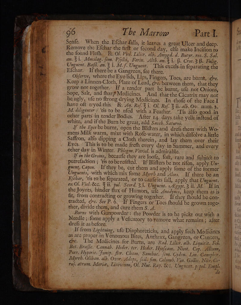 Remove the Efchar the firft or fecond day, elfe make Incifion to the found Fleth. EB. Ol. Mel. Lilicr. alb. Amygd. d. Butyr.rec. §. Sal. an. 31. Mucilag. fem. Pfyllit, Farin, Alth. an.% i. B. Croc. 3 (3. Fulig. Unguent. Bafil. an. 3 i. M. f. Unguent. © This excelsin {eparating the Obferve, where the Eye-lids, Lips, Fingers, Toes, are burnt, «ec. Keep a-Linnen-Cloth, Plate of Lead, &amp;c: between them, that they grow not together. If a tender part be burnt, ufe not Onions, Sope, Salt, and fharp Medicines.. And thatthe Cicatrix may not be ugly, ufe no ftrong drying Medicines, In thofe of the Face I have oft tryed this. K. Aq. Rof.3 i. Ol. Rof. % ic alb. Ov. num. 2. M. diligenter : tis to be ufed with a Feather. Tis Alfo good in other parts in tender Bodies. After 14. days take yelk inftead of white, and ifthe Burn be great, add Sacch. Saturni. } If the Eyes be burnt, open the Blifters and dref$ them: with Wo- mens Milk warm, mixt with Rofe-water, in which diffolve'a_little Saffron, alfo dipping a Cloth therein, and lay them over their Eyes. ‘This is to be made frefh every day in Summer, and every other day in Winter. Phlegm. Vitriol. is admirable. If tn the Groins, becaufe they are loofe, foft, rare and fi ubject to putrefaction ; *tis to berefifted. “If Blifters be not rifen, apply Un- guent. Capon. If they be, cut them and apply fome of the former Unguents, with which mix fome Myrrh and Aloes. If there be an Efchar, ’tis to be feparated, or to caufeits fall, apply that Unguent. ex Ol. Viol. 8c. 3 ii. pul. Scord. i, Unguent. Egypt. 3 1. M. Ifin the Joynts, ‘hinder flux of Humors, ufé Anodynes, keep them as is fit, from contrating or growing together. If they fhould be.con- tracted, ec. See P. 6.°-If Fingers or Toes fhould be grown toge- ther, divide them,-and cure them §. 4. : Burns with: Gunpowder: the Powder is to be pickt out with a Needle ; -fome apply a V eficatory to remove what remains &gt; after drefs it as before. 7 If trom Lightning, ufe Diaphoréeticks, and apply fuch Medicines as are proper.in Venomous Bites, Anthrax, Gangreen, or Cancers, ec. ‘The Medicines for Burns, are ‘Rad. Lilior. alb. Liquirit. Fel. Bet. Brajffic.. Cannab. Heder. ter. Heder. Fyofcam. Nicot. Cep. Alliust, Porr, Hyperic. Sunip. flor. Cham. Sambuc. fem. Cyden. Lan. Gampher. Lyrrh. Oliban. alb. Ovor. Adeps, {cil. fim. Columb. Vin. Gallic. Nir. Ce de