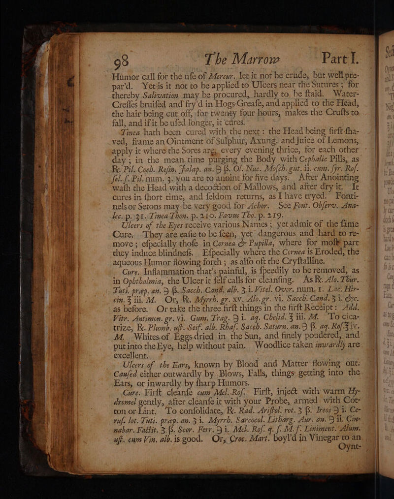 par’d. Yetis it not to be applied to Ulcers near the Sutures ; for thereby Salivation may be procured, hardly to, be ftaid. Water- Crefles bruifed and fry’d in Hogs-Greafe, and applied to the Head, the hair being cut off, for twenty four hours, makes the Crufts to fall, and ifit be ufed longer, it ‘cures. Tinea hath been cured with the next: the Head being firft-tha- ved, frame an Ointment of Sulphur, Axung. and Juice of Lemons, apply it where the Sores arg, every evening thrice, for each other day ; in the mean.time purging the Body with Cephalic Pills, as Re Pil. Coch. Refin. Falap. an.® {3. Ol. Nuc. Mofch. gut. ix. cum. fyr. Rof. fel.f Pil. num. 3..¥ou are to anoint for five days. After Anointing vath the Head with a deco&amp;ion of Mallows, and after dry it. ‘It cures in fhort time, and feldom returns, as I have tryed. Fonti- nels or Setons maybe very good for Acher. See Font. Obferv.. Ana- hee. p31. Tinea Thon. p. 210. Favus Tho. p. 219. Ulcers of the Eyes receive various Names ;. yet admit of the fame Cure. -They are eafie to be feen, yet dangerous, and hard to re- move ; efpecially thofe in Cornea &amp; Pupilla, where for mol part they induce blindnefs. Efpecially where the Cornea is Eroded, the aqueous Humor flowing forth ; .as alfo oft the Cryftalline. Cure. Inflammation that’s painful, is {peedily to be removed, as in Ophthalmia, the Ulcer it felf calls for cleanfing. As kk. Alo. Thur. Futi. prep. an. &gt; B. Sacch. Cand. alb. 3 i. Vitel. Over. num. I. Lae: Hir- cin. 3 iii. M. Or, Fk. AGrrh. gr. xv. Alo. gr. vi. Sacch. Cand. 3 i. @xc. as before. Or take the three firlt things in the firit Receipt: Add. Vitr. Antimon. gr. vi. Gum. Trag.. 3 i. aq. Chelid. 3 ii. M. “Yo cica- trize, Rx. Plumb. uft. Seif. alb, Rhaf. Saceh. Saturn. an.5 (8. aq. Rof.3 iv. M. Whites.of Eggsdried in the Sun, and finely poudered, and put into the Eye, help without pain. Woodlice taken mwardly are excellent. , Ulcers of the Ears, known by Blood and Matter flowing out. Canfed either outwardly by Blows, Falls, things: getting into the Ears, or inwardly by fharp Humors. Cure. Firft cleanfe cum Mel..Rof. Firft, inje&amp;. with warm Hy- drome] gently, after.cleanfe it with your Probe, armed. with Cot- tonor Lint, ‘To confolidate,. RX. Rad. Ariftol. rot. 3 8. Ireos 5 1. Ce- ruf. lot. Tuti. prep. an. 31. Myrrh, Sarcocol. Litharg. Aur. an. 5 il. Ci- nabar. Faétit. 3.3. Scor. Ferr. i, Mel. Rof. q. {- M4. f. Liniment.' Alum. uff. cam Vin, alb.is good. Ory Croc. Mart. boyl'd in Vinegar to an Oynt-