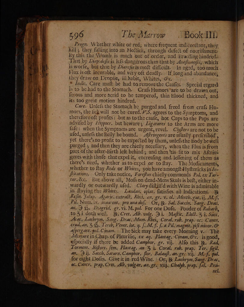 IR es oa x . fi | | 5.96 Tbe Marrow © Book Ti __Progn. Whether white ot red; where frequent and.conftant, they kill; they falling into an Hedtick, through defect of nourifhment: by this the Womb, is much ont of order, and EBrocding hindreda therefore oft profits : -but as to the caufe, hot Cups to the Paps are advifed by Alppocr. but beware; Ligarures to the Arms are more fate: when the Symptoms are urgent, revel. Clyfters are not to be ufed, unlefs the Belly be bound. _A/tringents are ufually prefcribed’ , yet there’sno profit to be expected by them, unlefsthe Body bewell purged ; andthen they are chiefly neceflary,. when the Flux is from part of the after-Birth left behind; and then tis. fitto mix Aftrint gents with thofe thatexpel it, encreafing and leflening of them as there’s need, whether as to.expel or to ftay. The Medicaments, whether to {tay Reds or Whites, you have among{tHyftericks in In- ftitutions. Only takenotice, Fareftus chieflycommends Ped, ex Tur= tur. &amp;c. But-above all,’ Mofs on dead-Mens Skuls is beft, either in- wardly or outwardly ufed. Clary diftill’d with: Wine is admirable An flaying the Whites. Landan. opiat. fatisfies. all Indications. TR Refin. Falap. Agaric. extratt, Rhei, an. gr. v. ol. Meath. gut. ij, AL f. Pi. Num. iv. gnaurent. pro una dof. Or, R. Sal. Succin, Sang. Drac. an. J 1S. Diagrid, gr. vi. M. pul. For one Dofe. Pouder of Rubarb, to 41. doth weil, B.Cret. Alb. vilg. 3.1. Maftic. Elett. 3 iz Succ. Acac, Lachrym, Sang. Drac. Mum. Rhei, Coral.rub. prap.ocs Caner. crid.an.4 1%. Tereb, Vener. lot. q. [. M4. f. f. a Pil maguit. pift minor. &amp; a/pergant. pul. Cinam. ~ The Sick may take every: Morning v.. The 4dixture inChap. of Pleurifie, ex aq. Plamtag:-Cinam.@c. is good, e{pecially if there be added Camphor. gr. vij. Alfo this . Rad. Lorment.. Biftort. fem. Plantag..an-% i. Coral. rub. prap. Ter. figil. an, Jij. Sacch, Saturn. Camphor. flor, Balanft. an.gre vij. Mf. pul. for eight Dofes. Give it in red Wine. | Or, 3 Lachrym, Sang. Drac. ac. Cancr. prep. Cret, “Alb, vulgar, an. gr: viij. Chalyb. prap. fal. 4 | nels.