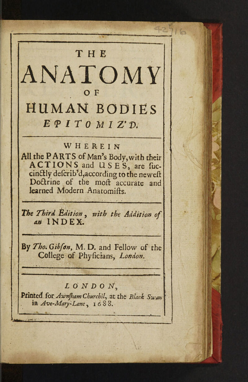 ANATOMY WNGAN be i &lt; EPITOMIZ’D. eenetenienindsikcenemnaneeeee ee Tz THE | WHERE Allthe PARTS of Man’s een their ACTIONS and USES, are fuc- _ cintly defcrib’d,according to the newelt ~Doétrine of the moft accurate and learned Modern Anatomitts. The Third Edition , with the Addition of an INDEX. By Zho. Gibjan, M. D. and Fellow of the College of Phyfictans, London. LONDON, Printed for Awnfham Churchil, at the Black Soant in Ave-Mary-Lane, 16 3 8, tae « res =”