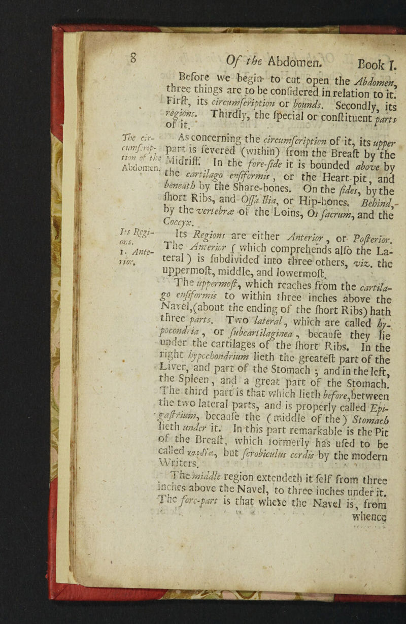 ie — Bo. je # 8 Of the Abdomen. Book I. Before we begin to: cut open the Abdomen, three things are to be confidered in relation to it. Firft, its cireumfeription or bounds, Secondly, its regions. Thirdly, the fpecial or conftituent parts of it, 7 ir The cir As concerning the circumcription of it, its upper curf-rip- part is fevered (within) from the Breaft by the fron of the Midriff © In the fore-fide it is bounded above by ee ae cariilago enfiforms , or the Heart-pit , and beneath vy the Share-bones. On the fides, by the ihort Ribs, and- Off Tia, or Hi p-bones, Bebind,- by the vertebrae of the Loins, Os sacrum, and the Coccyx, Fes Regi-~ Trg Regions are’ either Anterior » of Pofterior, ot The: Aurericr ( which comprehends alfo the La- Tag teral ) is fubdivided into three others, wiz, the a uppermoft, middle, and lowermoft. : The sprermoft, which reaches from the cartila- £0 enfiforms to within three inches above the Navel,(about the ending of the fhort Ribs) hath three parts, Two dateral, which are called hy. poctndria . or ubcartilaginea , becanfe they lie under the cartilages of the fhort Ribs. In the right bypscchordrium lieth the greatelt part of the Liver, and part of thé Stomach ; andin the left, the Spleen, and a great part of the Stomach. ? The third partis that which lieth before, between the two lateral parts, and is properly called Ep; {P ‘gaftrum, becaufe the ¢ middle of the) Stomach lieth ander it. In-this part remarkable is the Pit of the Breaft, which formerly has ufed to be called yoda, but {crobicules cordis by the modern Writers, igh. Lhe middle region extendeth it {elf from three inches above the Navel, to three inches under it, The fore-part is that whexe the Navel is, from whence