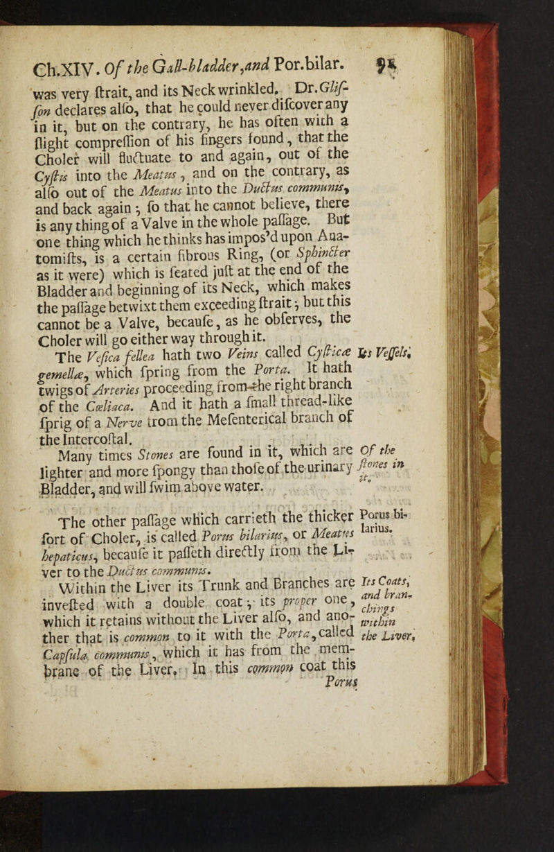 was very ftrait, and its Neck wrinkled,. Dr.Gii/- fon declares alfo, that he could never difcover any in it, but on the contrary, he has often with a flight compreflion of his fingers found, that the Cholet will fluétuate to and again, out of the Cyftes into the Adeatus , and on the contrary, as alfo out of the Meatus into the Ductus communis, and back again; fo that he cannot believe, there is any thing of a Valve in the whole paflage. But one thing which he thinks has impos’d upon Ana- tomifts, is a certain fibrous Ring, (oF Sphincter as it were) which is feated juft at the end of the Bladder and beginning of its Neck, which makes the paflage betwixt them exceeding ftrait , but this cannot be a Valve, becaufe, as he obferves, the Choler will go either way throughit. The Vefica fellea hath two Veins called Cy(tice Is Vefels, gemelle, which {pring from the Porta. It hath twigs of Arteries proceeding fromthe right branch of the Celiaca. And it hath a fmall thread-like {prig of a Nerve irom the Mefenterical bratich of the Intercoftal, Many times Svones are found in it, which are Of the lighter: and more fpongy than thofe of the urinary /7°7es 7” Bladder, and will {wim above water. ye The other paflage which carrieth the thicker Porus:bi- fort of Choler, is called, Porzs bilarius, or Meatns larius. hepaticus, becaufe it pafleth directly from the Lic ver to the Ducius communis. Within the Liver its Trunk and Branches are Irs Coats, invefted with a double. coat: its proper one, and bran- which it retains without the Liver alfo, and ano- ne ther that is common to it with the Portz, called she river, Capfila, communs, which it has from the mem- brane.of the. Liver,:; In this cormon coat. this | Porus