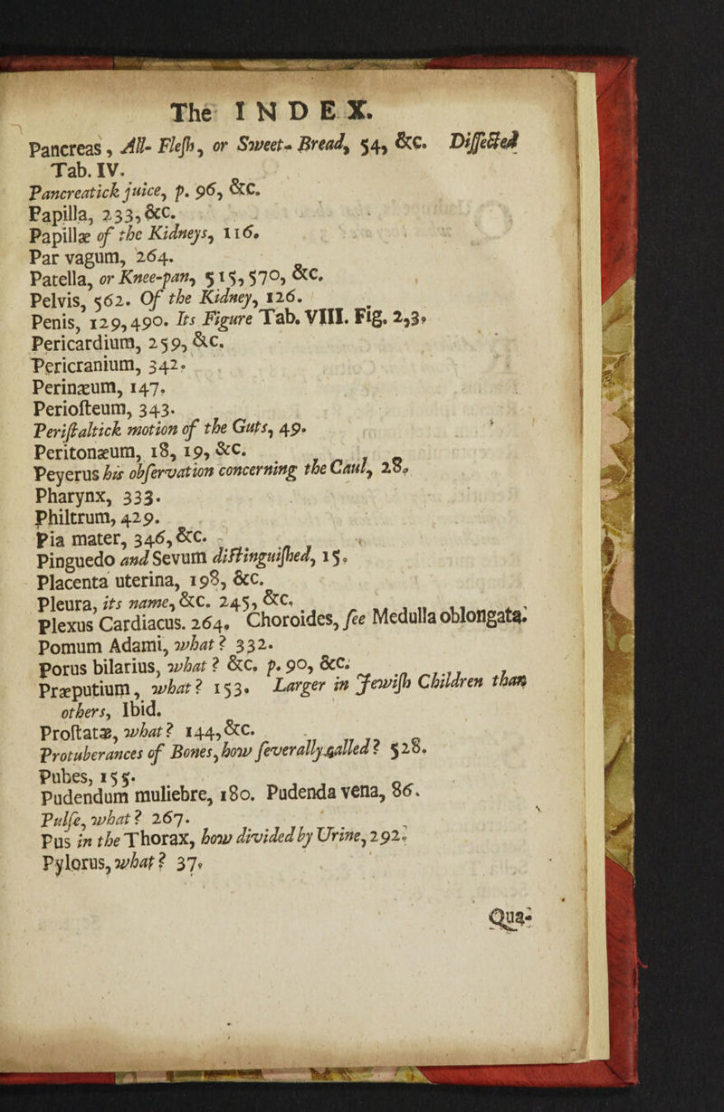 Pancreas, AU- Flefh, or Sovect. Bread, 54, &amp;c. Tab. IV. Pancreatick juice, p. 96, XC. Papilla, 233, &amp;c. | Papillae of she Kidneys, 116. Par vagum, 264. Patella, or Kuce-pany § 15,570, XC. Pelvis, 562. Of the Kidney, 126. Penis, 129,490. Its Figure Tab. VIII. Fig. 2,3&gt; Pericardium, 259, &amp;C. Pericranium, 342- Perinzum, 147, Periofteum, 343. Periftaltick motion of the Guts, 49. Peritonzum, 18, 19, XC. Peyerus his obfervation concerning the Caul, 2.8. Pharynx, 333. Philtrum, 429. Pia mater, 346, Kc. | Pinguedo and Sevum diftinguifhed, 15. Placenta uterina, 193, &amp;c. Pleura, its name, KC. 245, KC, Diffecied Pomum Adami, what? 332. Porus bilarius, what ? Kc. p. 90, &amp;C. others, Ibid. Proftatz, what? 144,Kc. Protuberances of Bones, how feverally. galled ? §28. Pubes, 155: Pudendum muliebre, 180. Pudenda vena, 86. Pulfe, what ? 267. Pus in the Thorax, how divided by Urine, 292. Pylorus, what? 37