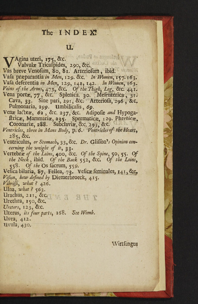 U. Agina uteri, 175, &amp;c. A Valvule Tricufpides, 290, &amp;c.. ~~ | Vas breve Venofium, 80, $1. Arteriofum, ibid: - ° Vala preparantiain Men, 129. &amp;c.° In Women, 157: 163. Vala deferentia 7” Men, 129, 141, 142.. In Women; 163. Veins of the Arms, 473, %c. Of the Thigh, Leg, &amp;e. 441. Vena porte, 77, &amp;c.~ Splenica. 30. © Mefenteri¢a-, 316 Cava, 33. Sine pari, 291, &amp;c: “ Arteriofa, ‘296°, ‘&amp;c, Pulmonaria, 299. Umbilicalis, 69. ? Venx lactex, 62, &amp;c. 237, &amp;c. Adipofe and Hypoga- itrice, Mammariz,.235. Spermatice, 129. Phrenic, Coronariz, 288. Subclavie, &amp;c. 2935 kes © Ventricles, three in Mans Body, p. 6.‘ Ventricles of the Heart, 285, &amp;c. . Ventriculus, or Stomach, 33,&amp;c. Dr. Gliflon’s Opinion con- cerning the weight of it, 33. Vertebrze of the Loins, 400, &amp;c. Of the Spine, 50, §5. Of the Neck, ibid. Of the Back 552, &amp;c. Of the Loins, 559. Of the Os facrum, 559. Vefica bilaria, 87, Fellea,.73. Wefica feminales, 141, &amp;c, Vifion, bow defined by Diemerbroeck, 4.15. Vibriffi, what 2 426. Ulna, what? 563. Urachus, 211, &amp;c. Urethra, 150, &amp;q Ureters, 123, &amp;c. | Uterus, its four parts, 168. See Womb. Uvea, 412. Vivula, 430, Wirtlingus atiiabsh . ot a eo