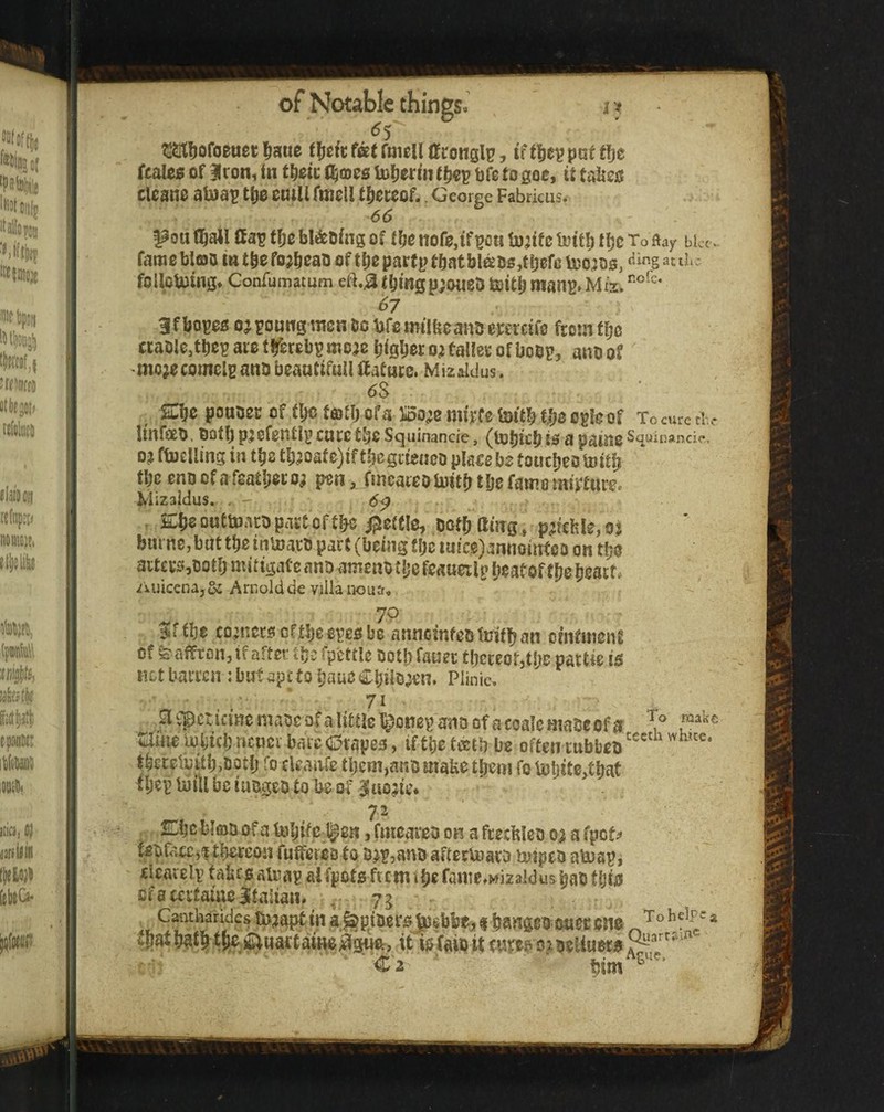 .^5 ^Ijofoeuet l^aue tfjdcfiatfuieUffronglp, ift^e^paf t!)e (cales of Iron, in t^ctc Cocoes io^erm bfe to goc, it taties cleane aUiap ttie euill fmcU t^jeccof.. George Fabrkus. 66 ^ou fl^all (fap f|j0 bl&Dfng of tf)e nofOjifpen toatfe tljc To % bkc v^ fame bloo in tbe fojbeao of part |> that bIaDo,t tjcfu tuejoa, at iiu foUpUJtng, Confumatum efi3tbmsp;oueotoit|jmanB.Mi2/‘'^‘'* ^7 3f bopea oj poung man Dc fjfc mabeano epereife from f|jc craoic^tbepaiotlferabpmo^c bisber Dataller of bobp, anoof -mojecomclp ano beautifuU ftatace. Mizaldus. 6S Snije pOUOeC Of fb<Jf®njora iDO^8nupf0lDttbt.bOCp!eof Tocuretl.r oot!) efonfcip cure tbs Squinande, (toljicbi^ a paino Squinancic.. oj ftBcUins in tbs £b?oate)iftbcgiteueD place bz touebeotoitb tbs CUD of a fsatbsr o; p^n, fmeareo iuitb t be fame mipturo. Mizaidus. . ' 6^ . Ebs outtD^nco pact of tbs i^etCIo, ootb lling, p^tefe!e, o j biu ne, but tbs iuluaco pact (being tbs iuics)annoiutco on tbs ait£ca,rjotbnattgatcanDanisnbtljcfsaueilpbsatoffbebsacn Auicena,6: Arnold de villa Houa, 7P . jjjftbs cojnsra eftb^apea be anncinfesttiitban ointinent of safftouj if after tbs fpsttle ootb fauer tbereotjtbs partis is net barren : but apt to baas Cbiio^sn, Plinie. • * 71 ^^^ciictnsmaocDfaltttlel^otispanoofacoalsmaoeofa Quic Uiljicb ncusr bare (Srapea, if £bs teetb bs often rubbsb tberclbitb,oo£b To cleanfe tbcm,ano maKe tbem fo li)tjits,tbat tbep luiU be iaogso to l>s of |ao;ie. 71 Ebs blfflO of a t»bifc Ipsa, fmearsb on a frscblso a fpet^ tstifacc,! tliereon fuffsreo to D>p,anb aftsetoaro Uiipeo a^ap, dsacslp tabca aUiap aifpota ftem ibs fanie^MizaldusbaO this fifsccrtaittsltaiian. , 7g Caiuharides tpjapt tp a ^piosca^ebbtj, $ bangeo cusc nm * ^jiatb^tlfjg^uactame^^a, it iofaibit ctwoabsHustb ■<£2 ' ■