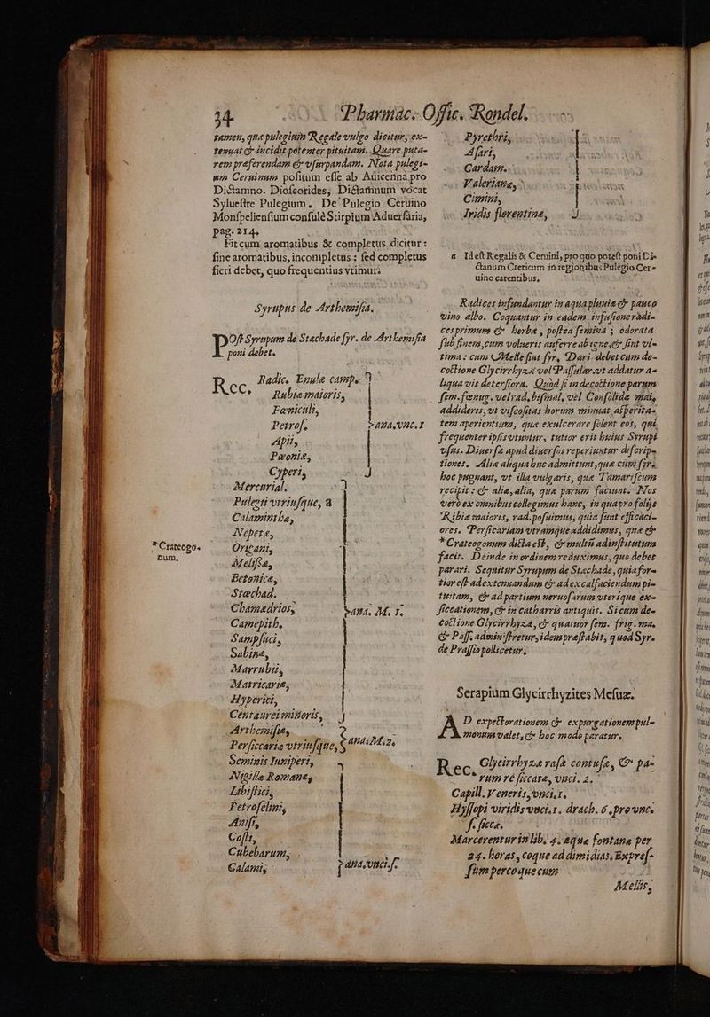 *Crateogo. num, Ht pameu, que puleginm Regale vulro dicitur, ex- Tenuat C incidit potenter pituitam. Quare puta- rem prefereudam &amp; v[urpandam. Nota pulegi- wm Ceruinum pofitum effe ab Aüicenna pro Dictamno. Diofcorides; Di&amp;tartinum vocat Sylueftre Pulegium. De Pulegio Ceruino Monfpcelienfium confulé Stirpium Aduerfária, pag. 214. Fitcum aromatibus &amp; completus. dicitur : fine aromatibus, incompletus : fed completus fieri debet, quo frequentius vtimur; Syrtpus de Arthemifa. p? Syrupum de Stacbade fyr. de Adrtberaifia poni debet. Rec. Radie. Egule camp. Rubie maioris, Feniculi, Perrof. Apii, Peontt, Cypert, Mercurial. Puleoti vtriufque, a Calamint ha, Jepera, Ortranty Melifsa, Befonica, Stechad. Chama&amp;drios, Camepitb, S'ampfuci, Sabine, Marrubi, Matricarit, H)yperiti, Centaureimilori, — .| Artheifu, : - Perficcaria vtritfque, ten 6M. Seminis Inniperi, — 4 ! Voti I [ J gv xA uU Re DISdbe es EC IR ees at encor o POSEE. scs RU EAR simu. — À 1 484. M, 1. Nite Romanes : Zibiffici, | Fetrofeligi, Anf | Cofzn ——. | Cubebarunz, MI alam, - [te nai f Pyrethyi,: | À fari, lets Car dam. | | V aleriage, TS Cimini, | TA Jridis fleremtine, ..J a. Ideft Regalis&amp; Ceruini, pro quo po:et poni Lis &amp;anum Creticum in regionibus Pulegio Cer - uino carentibus, Radices ivfundautur in aquapluuia c pauco vino albo. Coquamur in eadem ivfufione rdi- cesprizum eb berba , poflea femina ; odorata fé finem cum volaeris auferre ab tene D fint vl« tipa : cum Melle fiat fr. «Dari debet cuim de- cotlione Glycirrbysa vel'Paffalar.vt addatur a« liqua vis deterfrora. Quod fi ia decatbione parum fem.fenug. velrad,bifinal, vel Confolide mai, addideris, vt vifcofitas borum minuat afperitas ten aperientiuta, que exulcerare folent eos, qui. frequenter ipisuvtuvtur, tutior erit buius Syrapé vfus. Dinerfe apud diuerfos reperiuntur difcrip- tiones. Ldlia aliqua buc admittunt,que cum fyre boc pugrant, vt illa vulgaris, que Tumarifcum reciptt » c£ alie,alia, qua parum faciunt. Nos Verà ex omnibus collegimus banc, in quapro foljs ibis maioris, vad.pofuimus, quia funt efficaci- ores, *Perfrcariam vtramque addidimus, qua ete *Crateogonum dita est, ci multii adimflitutuna facit. Deinde inordinemrednximus, quo debet parari. Sequitur Syrupum de Stachade, quiafor- tiar eft adextenuandum e adexcalfaciendumpi- Uetam, C ad partium ueruo[Arum vtertque ex Jficcationem, ($- tn catbarrés antiquis. Si cum de- cottione Glycirrbyza, c quatuor fem. frig.vma. € Paff. admin flretur, idempreflabit, quod Syr. de Praffio pollicetur, Serapium Glycirrhyzites Mefuz. AD expetlorationem ct expir gationem pz- 705Um Valet Cj boc modo paratur, Rec. Glytirrbyza vafe contufe, Cv pa« rum ré ficat, vnd. 2. Capill. V eneris,onci.r. Hyffopi viridis vaci.r. drach. 6 .prevnc. id eC. | Marcerentur in lb, 4. eque fontana per 24. horas, coque ad dimidias, Expref- f'impercoquecum | A£elüs, x 1st (unn hg fh  n Hi het yi Ü il il, Í óri niii 4t titi hu [/]) , i qun4to TT T, jn Tttdb, [imr tien ] 2011 qu (i Myr (hn | li ht Aut i li Pit liri (ini Bs (i| dn Yd hi ttal Mr, Uy fI ! en [ Idi poter Ü 177 Muy hut. [liy je