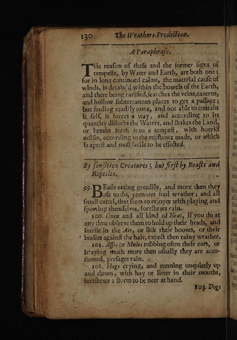 ot cian een ee ee ae =o A Paraphrafe. He reafon of thefe and the former figns of | cempefts, by Water and Earth, areboth one; | for in long continued, calms, the material caufe of winds, is detain’d.within the bowels of the Earth, and there being rarified, fearches the veins,cavernss and hollow fubrerranean places to get a paflage ; but finding readily none, and not able to contain ic (elf, ic forces a way, and according to its quanticy diflurbs the Waters, and fhakes the Land, or breaks forth into a tempeft, with. horrid noifes, according tothe refiftance made, or which is apteft and moft facile to be effected. o “ By fenfitive Creatures 5 but firft by Beafts aud Reptiles. ‘ 4a ee eating greedily, and.more then they ufe todo, prenotes foul weather; and all {mall cattel, that feem to rejoyce with playing and. fporting themfelves, forefhews rain. 100, Oxen and all kind af Neat, if you do at any time obferve themtoholdup their heads, and {nuffle in the Air, or lick their hooves, or their * bodies againft the hair, expe&amp; then rainy weather. 104. Affes or Mules rubbing often their ears, or braying much more-then ufually they are accu- itomed, prefages rain. 102. Hogs crying, and running unquietly up and down. with hay or litter in- their mouths, torethews a ftorm to be neer at hand.
