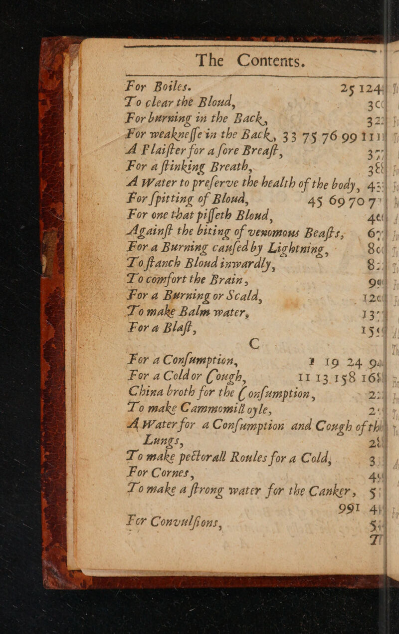 oT eat Wer | Tee AO . ae Foy Botles. 25 12441) Al P lasfter for a fore Breaff,, 377) For a ftinking Breath, 3 ft 4 Water to preferve the health of the body, 434 F or {pitting of Bloud, 45 697077) | For one that piffeth Bloud, Ati Lo ftanch Blond inwardly, 83) LT 0 comfort the Brain, 90 For a Burning or Scala, 1.2 70 make Balm water, 13° For a Blaft, 154 * For a Confumption, ? 19 24 9: For aColdor Cough, 11 13.158 16 China broth for the ( onfumption, —-&gt;-2: Io make Cammomill oyle, A Water for a Confumption ana Cough of th Lungs, 2 To make pettorall Roules for a Cold, For Cornes , 991 for Con vulh ONS,