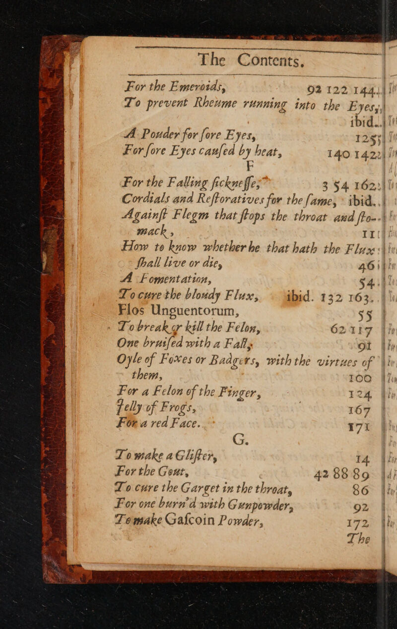 i. Si en The Contents, For the Emeroids, O02 122 144. To prevent Rheume running into the E VES ibid. !' A Pouder for fore Eyes, 1243] yo For fore Eyes caufed by heat, 140 14232)! F E For the Falling fickneffe; 3 §4. 1622} 10 Cordials and Reftoratives for the fame, ibid.. Againft Flegm that ftops the throat and fto-. T he mack , Irth! How to know whether he that hath the Flux fhall live or die, 46 i AF oment ation, 54. Lo cure the blondy Flux, © ibid. 132 163. Flos Unguentorum, 55 - Tobreak or kill the Felon, 6241 One bruifed with a Fall; Ol Oyle of Foxes or Badgers, with the virtues of them, cole. For a Felon of the Finger, 124, jelly of Frog's, | 167 For a red Face. 171 G. Lo make aGlifter, 14. For the Gout, 42 88 89 To cure the Garget in the throat, 86 F or one burn'd with Gunpowder, 92