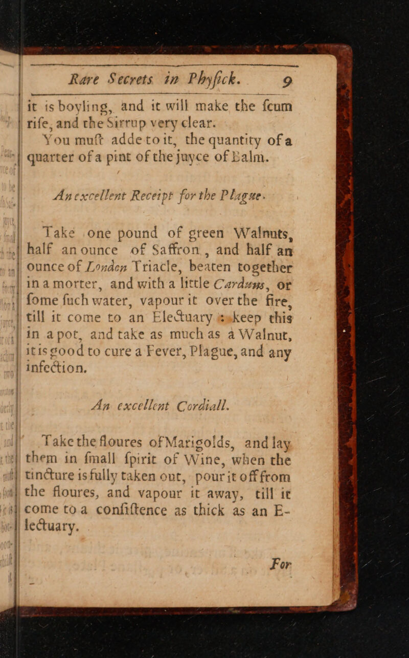 : | rn ng Rare Secrets in Phy fh ck. 9 es e. and the Sirrup very clear. You muft addetoit, the quantity ofa quarter of a pint of the juyce of Balm. rift Anexcellent Recetpt forthe PL Lo He ; Take one pound of green Walnuts, half anounce of Saffron, and half an 4 $ e | | i} : i] fome fuch water, vapour it over the fire, in apot, and take as mt ch as a Walnut, itis sood to cure a Fever, Plague, and any An excellent C'o woiall. Take the floures of Marigolds, and lay them in {mall fpirit of Wine, when the tincture is fully taken ont, pour it off from the floures, and vapour it away, till ie come toa confittence as thick as an E- For