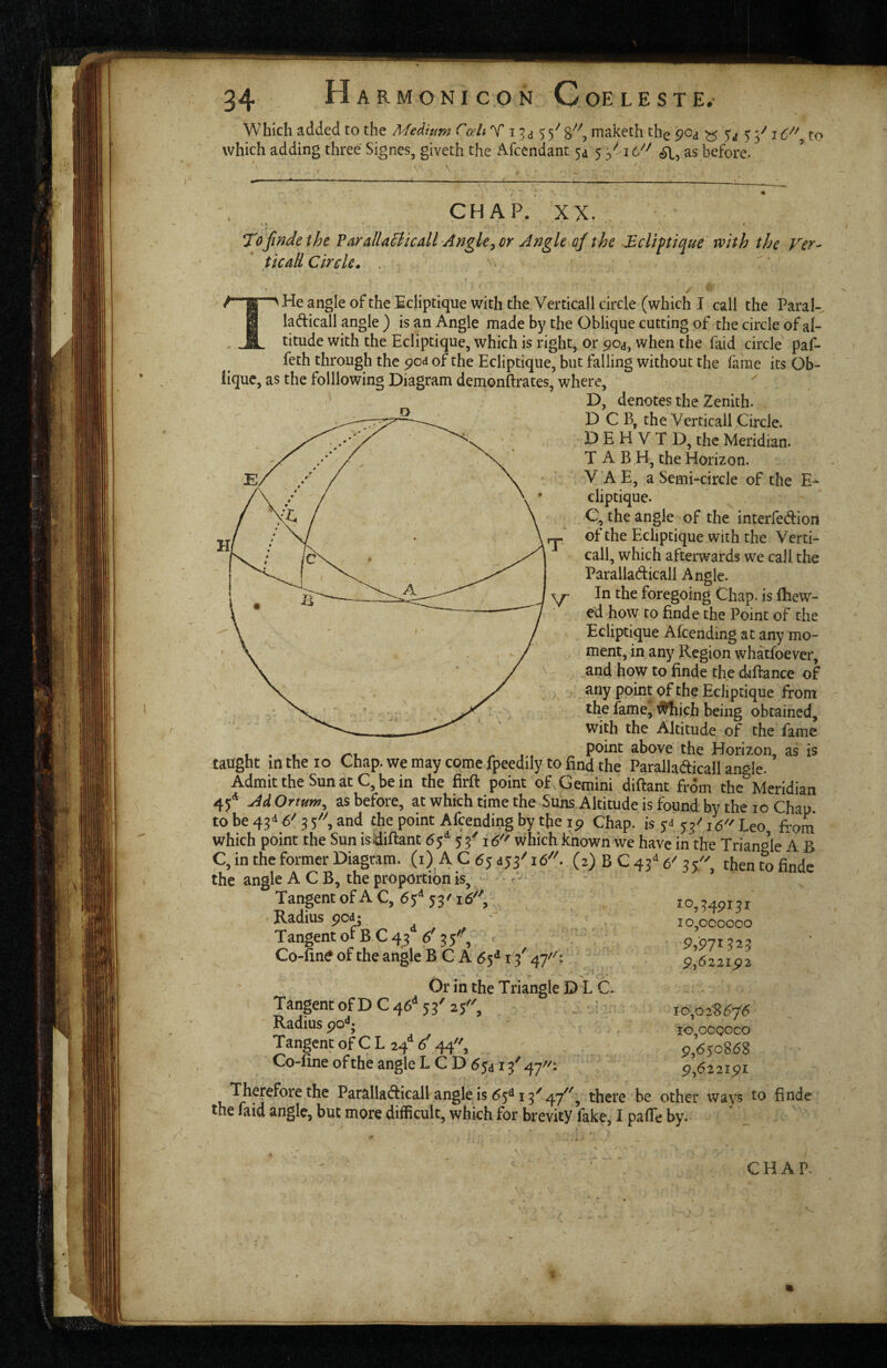 Which added to the Medium Calt Y i ’a 5 5'^ maketh the 5a 5 to which adding three Signes, giveth the Afcendant ja 5 as before. CHAP. XX. * » * » Tojindethe ParalUBicall Angle^ or Angle of the BcUftique'with the Ver- ’ ticall Cirele. . / '>He angle of the Ecliptique with the Vcrticall circle (which I call the Parak ladicall angle ) is an Angle made by the Oblique cutting of the circle of al¬ titude with the Ecliptique, which is right, or pod, when the faid circle paf- feth through the pod of the Ecliptique, but falling without the fame its Ob¬ lique, as the folllowing Diagram demonftrates, where, D, denotes the Zenith. D C B, the Verticall,Circle. D E H V T D, the Meridian. T A B .H, the Horizon. V AE, a Semi-circle of the E- cliptique. C, the angle of the interfedion pp of the Ecliptique with the Verti¬ cal!, which afterwards we call the Paralladicall Angle. Y” In the foregoing Chap, is (hew¬ ed how to finde the Point of the Ecliptique Alcending at any mo¬ ment, in any Region whatfoever, and how to finde the djftance of any point pf the Ecliptique from the fame, ^ich being obtained, with the Altitude of the fame , . , r 1., ^ point above the Horizon, as is taught in the 10 Chap, we may come fpeedily to find the Paralladicall angle. Admit the Sun at C, be in the firfl point of Gemini diftant from the Meridian 45:^^ AdOrtum^ as before, at which time the Suns.Altitude is found by the lo Chap. to be 43^^ 6^ 3 and the point Afcending by the ip Chap, is yd Leo, from which point the Sun is diftant 5y ^ y 5' 16'' which known we have in the Triangle A B C, in the former Diagram, (i) A C (5y ays'' (2) B C 43^^ 6' 3 then to finde the angle A C B, the proportion is, r - Tangent of A C, 6^^ i6'\ Radius pcd; Tangent of B C 43^ 6' 3 y^', t f : . Co-fine of the angle B C A 6^ 1 f 47'^: '' ' io,34pi3i I o,ccooco 9,971 9y622l^2 Or in the Triangle DEC. Tangent of D C 46*^ y 3' 2y'', j J Radius po**; Tangent of C L 24^ f 44, . Co-fine of the angle L C D ^y^ 13' 47'^: io,C28^7<5 io,ooqoco p,650858 p,622ipi Therefore the Paralladicall angle is 6y^ 13^47'^, there be other ways to finde the faid angle, but more difficult, which for brevity fake^ I paffe by. CHAP. L.