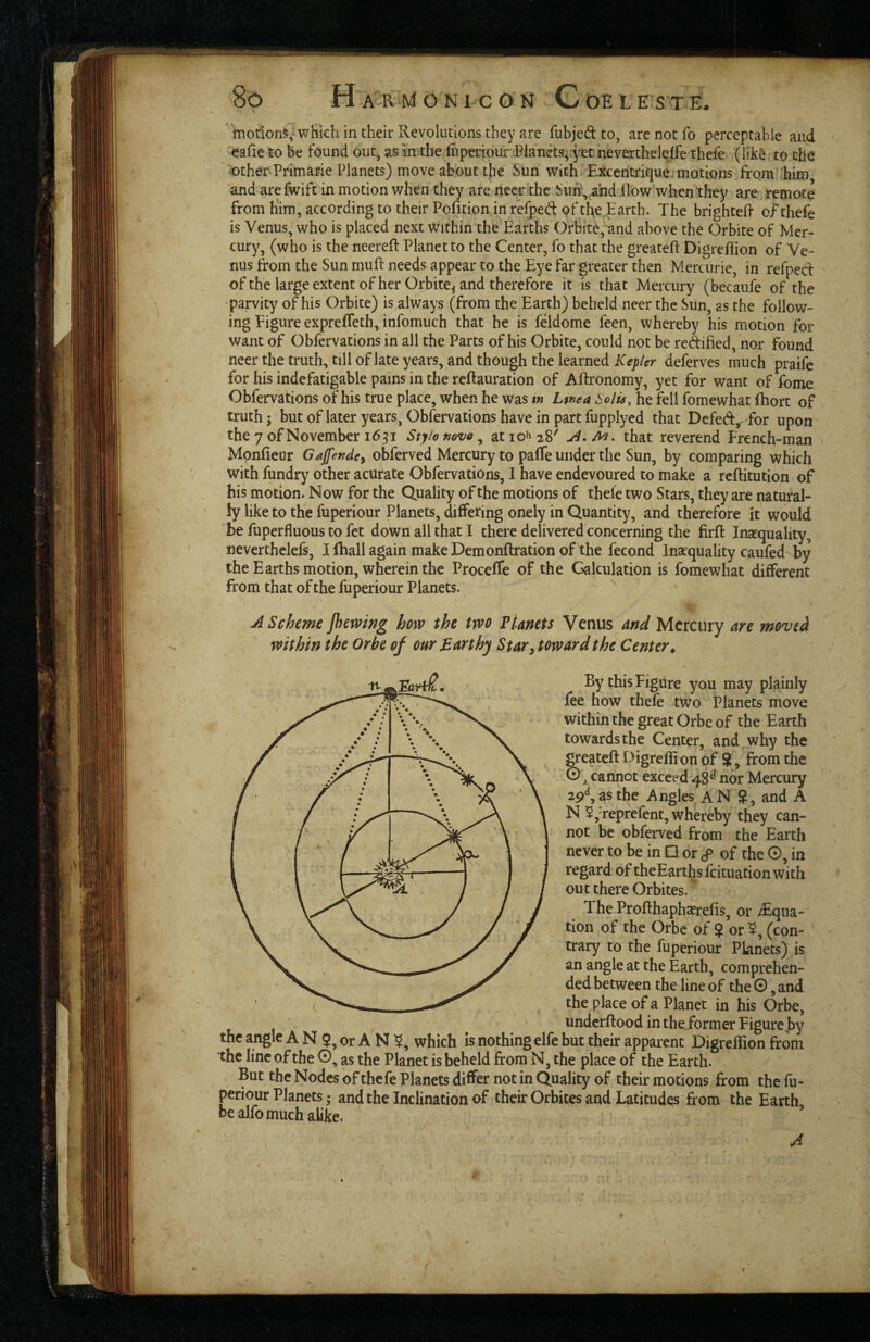 motion?;, which in their Revolutions they are fubjedto, are not fo perceptable and eafie to be found out, as imtheiiiperiour Bianets^:yet hevertheleife thefe (like to the •other^Primarie Planets) move about tjie Sun with Exccntriqu^y motions from‘him and arefwift in motion when they are neer the Sun, and flowhvhen they are remote from him, according to their Pofition in refped: of the .Earth. The brighter ofthefe is Venus, who is placed next Within the Earths Orbite, and above the Orbite of Mer¬ cury, (who is the neerefi: Planet to the Center, fo that the greateft Digreflion of Ve¬ nus from the Sun mufl needs appear to the Eye far greater then Mercurie, in refped of the large extent of her Orbite^ and therefore it is that Mercury (becaufe of the parvity of his Orbite) is always (from the Earth) beheld neer the Sun, as the follow¬ ing Figure expreffeth, infomuch that he is feldome feen, whereby his motion for want of Obfervations in all the Parts of bis Orbite, could not be redified, nor found neer the truth, till of late years, and though the learned Kepier deferves much praife for his indefatigable pains in the reftauration of Adronomy, yet for want of feme Obfervations of his true place, when he was i« Lfnea Solis, he fell fomewhat fhort of truth; but of later years, Obfervations have in part fupplyed that Defed,. for upon the 7 of November 1631 Stylo mvo, at loh 28'' M. that reverend French-man Mpnfieur Gsiffendey obferved Mercury to paffe under the Sun, by comparing which with fundry other acurate Obfervations, I have endevoured to make a reftitution of his motion. Now for the Quality of the motions of thefe two Stars, they are natural¬ ly like to the fuperiour Planets, differing onely in Quantity, and therefore it would be fuperfluous to fet down all that I there delivered concerning the fird Ina^quality, neverthclefs, Ilhallagain makeDemondration ofthe fecond Ina^quality caufed by the Earths motion, wherein the Proceffe of the Calculation is fomewhat different from that ofthe fuperiour Planets. A Scheme jhewing how the two Planets Venus and Mercury are move^ within the Orhe of our Barthy Star, toward the Center^ By this Figure you may plainly fee how thefe two Planets move within the great Orbe of the Earth towards the Center, and why the greated Digreffion of 8, from the . 0, cannot exceed 48*^ nor Mercury as the Angles AN 8, and A N ^,'reprefent, whereby they can¬ not be obferved from the Earth never to be in □ or cP of the 0, in regard of theEarthsfeituation with out there Orbites. The Prodhaphaerefis, or iEqua- tion of the Orbe of 8 or (con¬ trary to the fuperiour Planets) is an angle at the Earth, comprehen¬ ded between the line of the 0, and the place of a Planet in his Orbe, underdood in the former Figure by the angle A N $, or A N which is nothing elfe but their apparent Digredion from the line of the 0, as the Planet is beheld from N, the place of the Earth. But the Nodes of thefe Planets differ not in Quality of their motions from the fu¬ periour Planets; and the Inclination of their Orbites and Latitudes from the Earth, be alfo much alike. 4