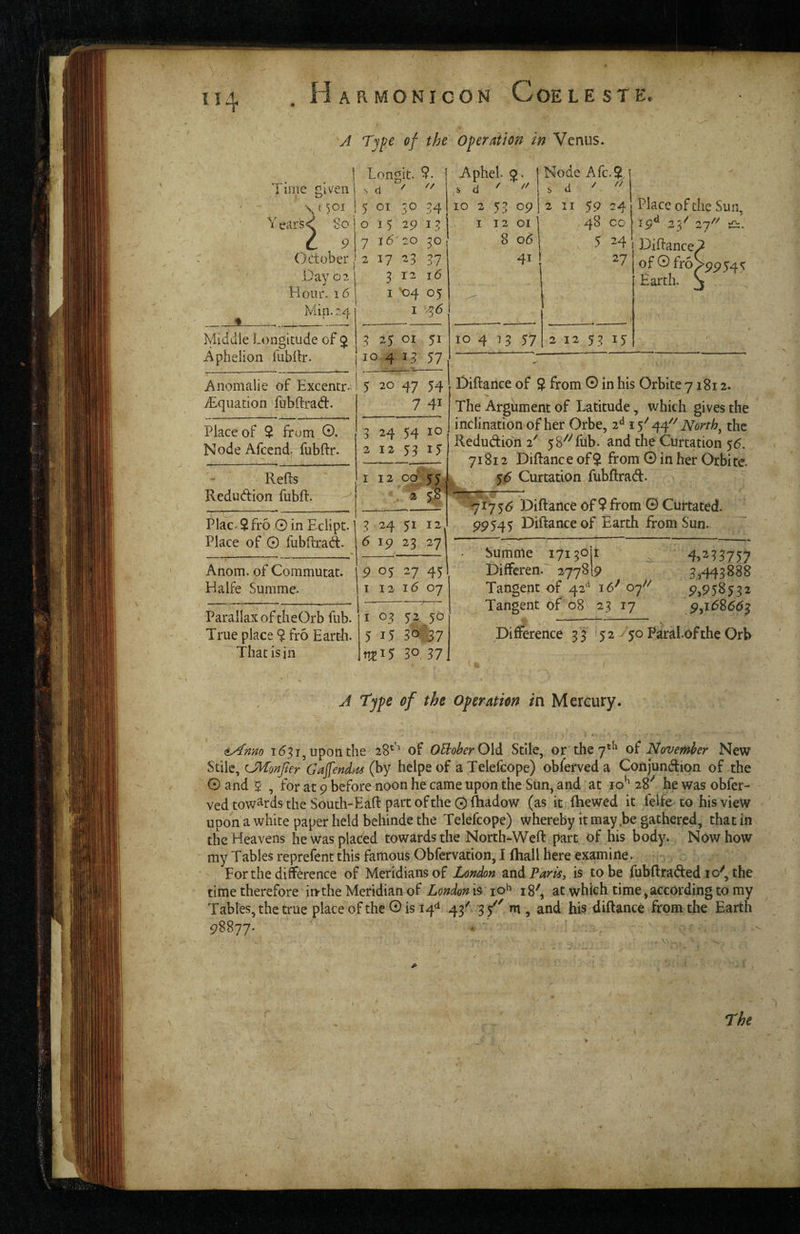 A Type of the Operatic}^ in Venus. 1 i ime given ‘ ' \ 1 SOI Year^^ 80 Odober Day 02 Hour. 16 Min. 24 Longit. 9. 1 s d ' 5 01 50 34 0 15 29 13 7 i6-20 30 2 17 ^3 37 3 12 16 I X)4 05 I 46 Aphel Q. s d ' ’ 10 2 53 09 I 12 01 ] 8 06 41 Node Afc.9,’ i / s d 2 11 59 24 48 cc 5 24 27 1 Place of the Sun, 19^ 23^ 27^^ tii. Diftance ^ of 0 fro >99545 Earth. ^ /• Middle Longitude of $ Aphelion fubftr. 2J OI 51 10 4 13 57 % 10 4 13 57 2 12 53 15 Diftance of 9 from 0 in his Orbite 71812. The Argument of Latitude, which gives the inclination of her Orbe, 2^ 15^ North^ the Redudion 2' 5 8''''fub. and the Curtation 55. 71812 Diftance of 2 from 0 in her Orbite. t Curtation fubftrad:. -- 717 5 6 Diftance of $ from 0 Curtated. 99545 Diftance of Earth from Sun. Aiiomalie of Excentr.'. Equation 'fubftrad. Place of 2 from 0. Node Afccnd. fubftr. 5 20 47 54 7 41 3 24 54 10 2 12 53 ij Refts Redudion fubft. I 12 00 55, 2 5S Plac. $fr6 0 in Eclipt. Place of 0 fubftrad. 3 24 51 12 6 19 23 27 / Summe 171301 ^ 4^233757 Differen. 277819 3,443888 Tangent of 42^^ 9,958532 Tangent of^ 08 23 17 9,1^86^3 Difference 33 *52Y50 Paralofthe Orb Anom. of Commutat. Halfe Sum me. 9 05 27 45 I 12 Id 07 Parallax of theOrb fub. True place 9 fr5 Earth. That is in I 03 52 50 5 15 30.'37 30. 37, , . A Type of the Operation in Mercury. <LAnno I <531, upon the 28'’^ of OUoherOW Stile, or the 7*^ oi November New Stile, CMonfier Gajfendi^s (by helpe of a Telefcope) obferved a Conjundipn of the 0 and $ , for at 9 before noon he came upon the Sun, and at 10’^ zS'' he was obfer- ved towards the South-Had part of the© fliadow (as it (hewed it felfe to his view upon a white paper held behinde the Telefcope) whereby it may,be gathered, that in : ' the Heavens he was placed towards the North-Weft part of his body. Now how my Tables reprefent this famous Obfervation, I Khali here examine. - Forthe diference of Meridians of London dind Paris, is to be fubftraded 10^, the time therefore inthe Meridian of London is' lo^ 18', at which time,according to my Tabtes, the true place of the O is 14^ 43'''- 3 m , and his diftance from the Earth 98877. ' ’ . ’ . f .S' <•» V The I