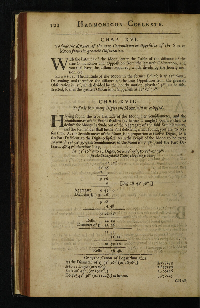 CHAP. XVI. 7'ojindethe diflatice of the true Conjun^ion or Opfofitiort of the Sun or Moon from the greateB Obfcuration. • Itli the Latitude of the Moon, ^nter the Table of the diftance of the true Conjundion and Oppofition from the greateft Obfcuracion, and you (hail have the diftance^ required, which divide by the hourly mo¬ tion, &c. Example. The Latitude of the Moott in the former Eclipfe is 8' 53''' South Defcending, and therefore the diftance of the true Oppofition from the greatcft Obfcuration is 45^', which divided by the hourly motion, giveth.i'38^'' to be lub- flraded, fo that the greateft Obfcuration happeneth at 15*' 52' 39'''. CHAP. XVIL To firide how nuny Digits theyiooyimll be eclipfcd. WAving found the me Latitude of the Moon, her Semidiameter, and th^ ■J Semidiameter of the Earths (hadow (as before is taught) you are then to j[dedud the Mo'Ons Latitude out of the Aggregate of the faid Semidiameters, and the Remamder ftiall be the Part deficient, which found, you are to rea- fon thus. As the Semidiameter of the Moon, is in proportion to twelve Digits, fo is the Part Deficient, to the Digits cclipfed.' As in the Eclipfe of the Moon to be 16$^ March f 15^1 52^ 3P''<, the Semidiameter if the Modft is 15^ 3 8^'',^ and the Part De- .. i * - / - * ficient 48^ 45'^, therefore 1 fay. As is to 12 Digits, So is48'45'^^, to 18*^42' BytheSexagdMniTahUithefV^rk^thm.' ■ A , . 7- • ' :. • / I'h Lnr 4S 45 . •‘n t <■ ( ‘ i »• 1*3 ^ Mr. f 9 36 9 QDig.iS 42^ Aggregate p 45: o • Diameter^ y 31 i(5 , p 18 . . . .. -4 48, i ‘f “ , » - - * J ^ 22^4.8 :■ :nn ’ ) I UJ A. :;i .f, '•s . ! ! ' -Reds , 22 12  Dkmecer of c' 51 ? <5- \ it 12 ■ .I V! , Mi f ' f r . • T - * <(- i ♦ ^ ■ • • ' / * w • • • \ 7. -1^ Reds 21 53 12 r-n-rr iO fiOi'I'V ■ > \ —fj M'::;, < ;?'? '-r T* . U i 1 V . i8 48/ ' 1 '.--.u • A. r ' M ^ A ‘ M Ai *J ! ! i ^ ij t) • 5. ' » t Or by the, Canon of Logarithms, thus. As the Diameter of ( 31' 16^^ (or 1876^^ Is to 12 Digits (or 720^;) So is 48'45^'', (or 1925'',) To 185 4/ ^6^^ (or ii22||:) as before. 2,857352 3,46(5i2<5 3,050225 V CHAP