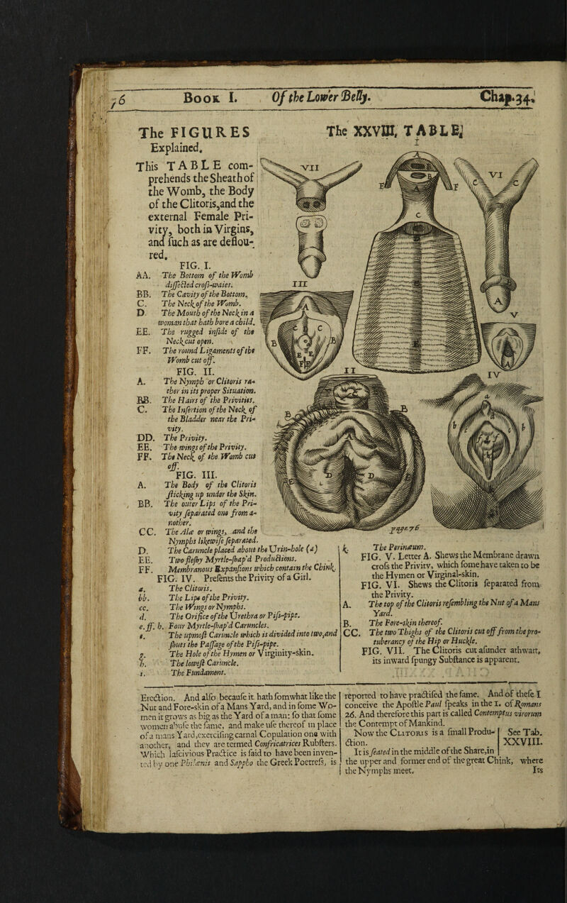 Book I. Of the Lower ’Betty. Chap. 34, piiu mttintiHQ (H'intiitiitnitii yy,ri<ninttHu„, With lUkfl i^'ltpninn \|i»v «Ii <Onn*i ..... *w.?rr~7**^ ” ’ 'MlMlMlMttllintliMTI '1 The FIGURES Explained. This TABLE com¬ prehends the Sheath of the Womb, the Body of the Clitoris,and the external Female Pri¬ vity, both in Virgins, The XXVIII, TABLE,1 id fu AA. BR. C. D EE. FF. A. RB. C. ana luch as are deflou- red. fig. 1. The Bottom of the Womb differed crofs-waies. The Cavity of the Bottom.. The Ntck.of the Womb. The Mouth of the Necl^in a woman that hath bore a child. The rugged infide of the Neckjcut open. \ The round Ligaments of the Womb cut off. FIG. II. The Nymph or Clitoris ra¬ ther in its proper Situation. The Hairs of the Privities. The Infertion of the Neck, of the Bladder near the Pri- DD. EE. FF. A. BB. CC. D. EE. FF. a. bb. cc. d. e. ff. ». vity. The Privity. The wings of the Privity. The Neck. °f *be Womb cut off FIG. III. The Body of the Clitoris flicking up under the Skin. The outer Lips of the Pri- vity feparated one from a- nother. The Aire or wings, and the Nymphs like wife feparated. The Caruncle placed about the Ur in-hole (a) Twofiejby Myrtle-fhap'd ProduBions. Membranous Bxpdnfions which contain the Chink.- FIG. IV. Prefents the Privity of a Girl. The Clitoris. The Lip4 of the Privity. The Wings or Nymphs. The Orifice of the XJrethra or Pifs-pipt. h. Four Myrtle-fhap'd Caruncles. The upmofi Caruncle which is divided into two}and (huts the Paffage of the Pifs-pipe. The Hole of the Hymen or Virginity-skin. The lotvejl Caruncle. The Fundament. Ill i F The Perinream. FIG. V- Letter A. Shews the Membrane drawn crofs the Privity, which fome have taken to be the Hymen or Virginal-skin. FIG. VI. Shews the Clitoris feparated from the Privity. A. The top of the Clitoris refembling the Nut of a Mans Yard. B. The Foreskin thereof. CC. The two Thighs of the Clitoris cut off from the pro¬ tuber ancy of the Hip or Huckle. FIG. VII. The Clitoris cutafunder athwart, its inward fpungy Subftance is apparent. Erc&ion. And alfo becaufe it hath fomwhat like the Nut and Fore-skin of a Mans Yard, and in fome Wo¬ men it grows as big as the Yard of a man: fo that fome women abufe the fame, and make ufe thereof in place of a mans Yard,exevcifingcarnal Copulation one with another, and they arc termed Confricatrices Rubfters. Which lafeivious Practice isfaidto have been inven¬ ted by one Phi’.rcnis and Sappho the Greek Poctrefs, is reported to have pradtifed the fame. And of thefe I conceive the Apoftle Paul (peaks in the I. ofj\omans 26. And therefore this partis called Contemptus virorum the Contempt of Mankind. Now the Clitoris is a (mall Produ- See Tab. dion. . XXVIII. It is feated in the middle of the Share,in the upper and former end of the great Chink, where the Nymphs meet. Its