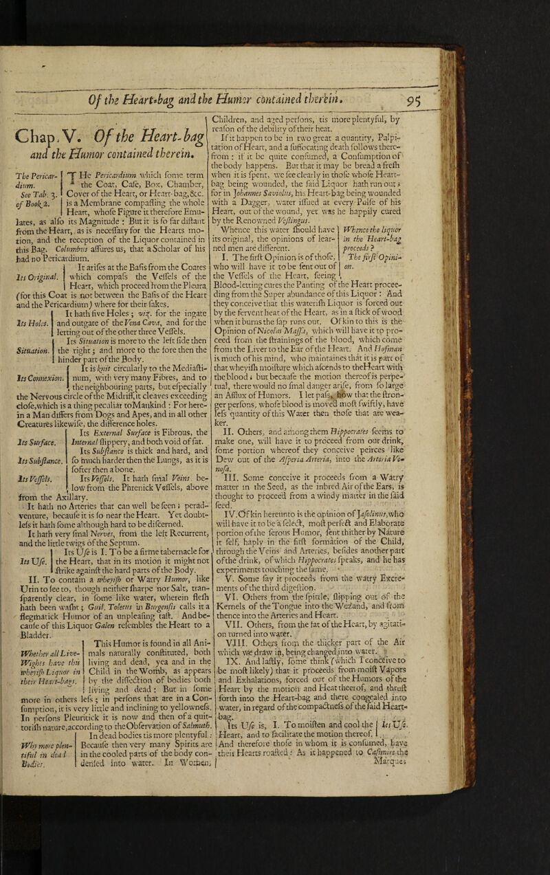 0} the HeurUbag and the Humor contained therein, Chap, V. Of the Heart-bag and the Humor contained therein. The Pericar¬ dium. See Tab. 3. of Bool^ 2. T He Pericardium which fome term * the Coat, Cafe, Box, Chamber, Cover of the Heart, or Heart-bag,&c. is a Membrane compafling the whole Its Holes. Situation. Its Connexion, num. Heart, whofc Figure it therefore Emu¬ lates, as alfo its Magnitude : But it is fo far diftant from the Heart, as is neceffaryfor the Hearts mo¬ tion, and the reception of the Liquor contained in this Bag. Columbus affures us, that a Scholar of his had no Pericardium. It arifes at the Bafis from the Coates Its Original, which compafs the Velfels of the Heart, which proceed hem the Pleura (for this Coat is nor between theBalisof the Heart and the Pericardium) where for their fakes. It hath five Holes ; vif for the ingate and outgate of the Vena Cava, and for the letting out of the other three Veffels. Its Situation is more to the left fide then the right; and more to the fore then the hinder part of the Body. It is knit circularly to the Mediafti- with very many Fibres, and to i the neighbouring parts, but efpecially the Nervous circle of the Midriff, it cleaves exceeding clofe,which is a thing peculiar toMankind : For here¬ in a Man differs from Dogs and Apes, and in all other Creatures likewile, the difference holes. Its External Surface is Fibrous, the Internal flippery, and both void of fat. Its Subfiance is thick and hard, and fo much harder then the Lungs, as it is fofter then a bone. ItsVejfels. It hath fnial Veins, be- _ low from the Phrenick Veffels, above from the Axillary. It hath no Arteries that can well befeen; perad- venture, becaufe it is fo near the Heart. Yet doubt- lefs it hath fome although hard to be difeerned. It hath very final Nerves, from the left Recurrent, and the little twigs of the Septum. Its U/e is I.To be a firme tabernacle for the Heart, that in its motion it might not drike againft the hard parts of the Body. II. To contain a wheyijh or Watry Humor, like Urin to fee to, though neither fharpe nor Salt, tran- fparently clear, in Tome like water, wherein flefh hath been wafht; Guil. Toletus In Burgenjis calls it a flegmatick Humor of an unpleafing tad. And be¬ caufe of this Liquor Galen refembles the Heart to a Bladder. This Humor is found in all Ani¬ mals naturally conftituted, both living and dead, yea and in the Child in the Womb, as appears by the diffe&ion of bodies both and dead: But in fome Whence the liquor In the Heart-bag proceeds ? fbe firfl Opini¬ on. Its Surface. Its Subjlance. Its Vejfels. ItsUfe. Whether all Live- Wights have this wheyijh Liquor in their Heart-baas. living more in Children, and aged perfons, tis more plentyful, by reafon of the debility of their heat. If it happen to be in two great a quantity, Palpi¬ tation of Heart, and a fuffocating death follows there¬ from : if it be quite confirmed, a Confumptionof' the body happens. But that it may be breadafrefh when it is fpent, we fee clearly in thole whole Heart- bag being wounded, the laid Liquor hath runouts for in Johannes Saviolus, his Heart-bag being wounded with a Dagger, water iffued at every Pulfe of his Heart, our of the wound, yet was he happily cured by the Renowned Vcjlingus. Whence this water fhould have ' its original, the opinions of lear¬ ned men are different. I. The fird Opinion is of thofe, who will have it to be fent out of the Veffels of the Heart, feeing Blood-letting cures the Panting of the Heart procee¬ ding from the Super abundance of this Liquor: And they conceive that this waterifh Liquor is forced out by the fervent heat of the Heart, as in a flick of wood when it burns the fap runs out. Ofkintothis is the Opinion oi'Nicolas Maffa, which will have it to pro¬ ceed from the drainings of the blood, which come from the Liver to the Ear of the Heart. And Hofman is much of his mind, who maintaines that it is part of that wheyifh moifture which afeends to theHeart with the.bloodi but becaufe the motion thereof is perpe¬ tual, there would no final danger arife, from fo large an Afflux of Humors. I let pafs,. how that the {Lon¬ ger perfons, whole blood is moved mod fwiftly, have lefs quantity of this Water then thofe that are wea¬ ker. V II. Others, and among them Hippocrates feerhs to make one, will have it to proceed from our drink, fome portion whereof they conceive peirces like Dew out of the Afpcna Arteria, into the Arteria Ve» nofa. . . III. Some conceive it proceeds from a Watry matter in the Seed, as the inbred Air of the Ears, is thought to proceed from a windy matter inthefaid feed. IV. C)f kin hereunto is the opinion of Jafo!inus,\\ho wiil have it to be a feledl, mod perfdd and Elaborate portion ofthe lerous Humor, feat thither by Nature it felf, haply in the fitd formation of the Child, through the Veins and Arteries, befides another part ofthe drink, of which Hippocrates fpeaks, and he has experiments touching the fame. • V. Some fay it proceeds from the watry Excre¬ ments of the third digedion. VI. Others from the fpittle, dipping out of the Kernels of theTongue into the Wezand, and from thence into the Arteries and Heart. VII. Others, from the fat of the Heart, by agitati¬ on turned into water. VIII. Others froip the thicker part of the Air which we draw in, being changed into water. IX. And ladly, fome think (which I conceive to he mod likely) that it proceeds from moid Vapors and Exhalations, forced out of the Humors of the Heart by the motion and Heat theerof, and thrud forth into the Heart-bag and there congealed into water, in regard of the compa&nefs ofthe faid Heart- others lefs ; in perfons that are in a Con- fumption, it is very little and inclining to yellownefs. ^ In perfons Pleuritick it is now and then of a quit-1 bag. . ; . . , toriflr nature,according to theObfervation of Salmuth. Jts Ufc is, I. Tomoiden and cool the j Its JjJe In clead bodies tis more plentyful\ Heart, and to facilitate the motion thereof. 1. Why more plen- Becaufe then very many Spirits are jAnd therefore thofe in whom it is confumed, have tiful in dea l in the cooled parts of the body con- their Hearts roafted i As it happened to Cafmn the Bodies. denied into water.. In Women, j > • Marques