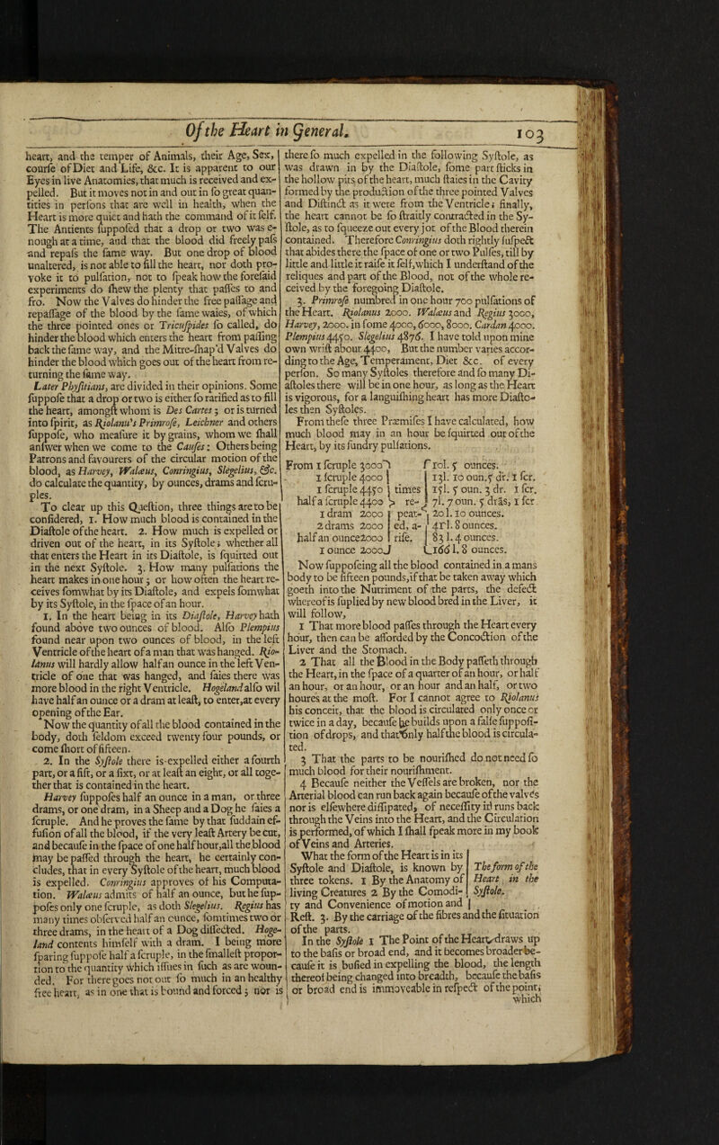 heart, and the temper of Animals, their Age, Sex, courfe of Diet and Life, &c. It is apparent to our Eyes in live Anatomies, that much is received and ex¬ pelled . But it moves not in and out in lo great quan¬ tities in perfons that are well in health, when the Heart is more quiet and hath the command of it felf. The Antients fuppofed that a drop or two was e- nough at a time, and that the blood did freely pals and repafs the fame way. But one drop of blood unaltered, is not able to fill the heart, nor doth pro¬ voke it to pulfation, not to fpeak how the forelaid experiments do fhew the plenty that palfes to and fro. Now the Valves do hinder the free paffage and repalfage of the blood by the fame waies, of which the three pointed ones or Tricufpides fo called, do hinder the blood which enters the heart from paffing back the fame way, and the Mitre-fhap’d Valves do hinder the blood which goes out of the heart from re¬ turning the fame way. Later Phyfttians, are divided in their opinions. Some fuppofe that a drop or two is either fo rarified as to fill the heart, amongft whom is Des Cartes; or is turned into fpirit, as Bjolam's Primrofe, Leicbner and others fuppofe, who meafure it by grains, whom we fhall anfwer when we come to the Caufes: Others being Patrons and favourers of the circular motion of the blood, as Harvey, Wal<eus, Conringius, Slegelius, &c. do calculate the quantity, by ounces, drams and feru- ples. I To clear up this Qjeftion, three things aretobe confidered, 1. How much blood is contained in the Diaftole ofthe heart. 2. How much is expelled or driven out of the heart, in its Syftole; whether all that enters the Heart in its Diaftole, is fquirted out in the next Syftole. 3. How many pulfations the heart makes in one hour; or how often the heart re¬ ceives fomwhat by its Diaftole, and expels fomwhat by its Syftole, in the fpace of an hour. 1. In the heart being in its Diaftole, Harvey hath found above two ounces of blood. Alio Plempius found near upon two ounces of blood, in the left Ventricle ofthe heart ofa man that was hanged. BJo- lanus will hardly allow half an ounce in the left Ven¬ tricle of one that was hanged, and faies there was more blood in the right Ventricle. Hogelandalfo wil have half an ounce or a dram at leaft, to enter,at every opening ofthe Ear. Now the quantity ofall the blood contained in the body, doth feldom exceed twenty four pounds, or come fhort of fifteen. 2. In the Syftole there is-expelled either a fourth part, or a fift, or a fixt, or at leaft an eight, or all toge¬ ther that is contained in the heart. Harvey fuppofes half an ounce in a man, or three drams, or one dram, in a Sheep and a Dog he faies a fcruple. And he proves the fame by that fuddain ef- fufion ofall the blood, if the very leaft Artery be cut, and becaufe in the fpace of one half hour,all the.blood fnay be paffed through the heart, he certainly con¬ cludes, that in every Syftole ofthe heart, much blood is expelled. Conringius approves of his Computa¬ tion. JValaus admits of half an ounce, but he fup¬ pofes only one fcruple, as doth Slegelius. Begins has many times obferved half an ounce, fomtimes two or three drams, in the heart of a Dog dilfeCted. Hoge- land contents himfelf with a dram. I being more fparing fuppofe half a fcruple, in the fmalleft propor¬ tion to the quantity which iffues in fuch as are woun¬ ded. For there goes not out fo much in an healthy free heart, as in one that is bound and forced j nor is there fo much expelled in the following Syftole, as was drawn in by the Diaftole, fome part flicks in the hollow pits of the heart, much ftaies in the Cavity formed by the production ofthe three pointed Valves and Diftintft: as it were from the Ventricle,- finally, the heart cannot be fo ftraitly contracted in the Sy¬ ftole, as to fqueeze out every jot of the Blood therein contained. Therefore Conringius doth rightly fufpeft that abides there the fpace of one or two Pulfes, till by little and little it raife it felf, which I underftand of the reliques and part ofthe Blood, not ofthe whole re¬ ceived by the foregoing Diaftole. 3. Primrofe numbred in one hour 700 pulfations of the Heart. Biol anus 2000. Walccus and Begins 3000, Harvey, 2000. in fome 4000,6000,8000. Cardan 4000. Plempius 445'°- Slegelius 4876. I have told upon mine own wrift about 4400> But the number varies accor¬ ding to the Age, Temperament, Diet &c. of every perfon. So many Syftoles therefore and fo many Di- aftoles there will be in one hour, as long as the Heart is vigorous, for a languifhing heart has more Diaftc- lesthen Syftoles. Fromthefe three Prcemifes I have calculated, how much blood may in an hour be fquirted out ofthe Heart, by its fundry pulfations. From 1 fcruple 3000I 1 fcruple 4000 | 1 fcruple 4440 | times half a fcruple 4400 re- idram 2000 2 drams 2000 half an ounce2ooo I ounce 2000J iol. y ounces. 131.10 oun.y dr. 1 fcr. i?l. y oun. 3 dr. I fcr. - ^ 71.7 oun. y dras, I fcr peat- \ 201. lo ounces, ed, a- 1 4rl. 8 ounces, rife, j 8 31.4 ounces. Li6dl. 8 ounces. Now fuppofeing all the blood contained in a mans body to be fifteen pounds,if that be taken away which goeth into the Nutriment of the parts, the defeCfc whereofis fuplied by new blood bred in the Liver, it will follow, 1 That more bl ood paffes through the Heart every hour, then can be afforded by the ConcoClion of the Liver and the Stomach. 2 That all the felood in the Body paffeth through the Heart, in the fpace ofa quarter of an hour, or half an hour, or an hour, or an hour and an half, or two houres at the moft. For I cannot agree ro Bfolanus his conceit, that the blood is circulated only once or twice in a day, becaufe fie builds upon a falfe fuppofi- tion of drops, and that^nly half the blood is circula¬ ted. 3 That the parts to be nourifhed do not need fb much blood for their nourifhment. 4 Becaufe neither the Veffels are broken, nor the Arterial blood can run back again becaufe ofthe valves nor is elfewhere diffrpated, of neceflity id runs back through the Veins into the Heart, and the Circulation is performed, o f which I fhall fpeak more in my book of Veins and Arteries. What the form of the Heart is in its Syftole and Diaftole, is known by three tokens. 1 By the Anatomy of living Creatures 2 By the Comodi- ty and Convenience of motion and j Reft. 3. By the carriage of the fibres and the fituation of the parts. In the Syftole I The Point of the Hearvdraws up to the bafis or broad end, and it becomes broader be¬ caufe it is bulled in expelling the blood, the length thereof being changed into breadth, becaufe the bafis , or broad end is immoveable in refped ofthe point,; \ ' vi/Viirh The form of the Heart in the Syftole.