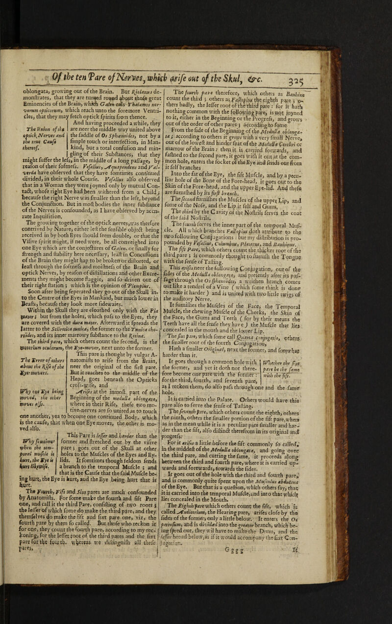 The Union of the optick, Nerves and the true Can ft thereof. oblongata, growing out of the Brain. But Bfolanus de- monflrates, that they are turned roijpd abfxut t.hofe great Eminencies of the Brain, whkh Galen cals Thalamos ner¬ vorum opticorum, which reach unto the foremore Ventri¬ cles, that they may fetch optick fpirits from thence. And having proceeded a while, they are neer the middle way united above the faddle of Os Sphtenoides, not by a fimple touch or interfe&ion, in Man¬ kind, but a total confufion and min¬ gling of their Subfiances, that they might fuffer the lefs, in the middle of a long paflage, by reafon of their foftnefs. Vefalius, ^fauapendens and P'al- Vtrda have obferved that they have fomtimes continued divided, in their whole Courfe. Vefalius alfo obferved that in a Woman they were j oyned only by mutual Con¬ tain, whofe right Eye had been withered from a Child j bccaufe the right Nerve was fmaller than the left, beyond the Conjunction. But in mod bodies the inner fubflance of the Nerves is confounded, as I have obferved by accu¬ rate Inquifition. The growing together of the optick nerves,was therfore contrived by Nature, either led the fenfible objeft being received in by both Eyes fhould feem double, or that the Vifive fpirit might, if need were, be all conveighed into one Eye which are the conjectures of Galen, or Anally for flrength and (lability here neceffary, lead in Concuffions of the Brain they might hap to be broken or didorted, or lead thtough the foftnefs and moidnefs of the Brain and optick Nerves, by reafon ofdidillations and otherExcre- ments they might become flaggie, and fo driven out of their right dation ; which is the opinion of Tltmpiits. Soon after being feperated they go out of the Skull in¬ to the Centre of the Eyes in Mankind, but much lower in Beads, becaufe they look more fidewaies. Within the Skull they are cloathed only with the Via piaten but from the holes, which pafs to the Eyes, they are covered with the dura mater. Afterward it fpreads the latter to the Sclirotica tunica, the former to the Tunica cho- reides) and its inner marrowy fubdance to the Retina. The third pare, which others count the fecond, is the mtorinm oculorum, the ’Eye-mover, next unto the former. This pare is thought by vulgar A- natomids to arife from the firain, neer the original of the firfl pare. But it reaches to the middle of the Head, goes beneath the Op ticks C|-p|s-wife, and ^frifes at the inmod part of the Beginning of the medulla oblongata, where in their Rife, thefe two mo¬ tive-nerves are fo united as to touch one another, yea to become one continued Body, which is the caufe, that when one Eye moves, the other is mo¬ ved alfo. This Pare is leffer and harder than the former and dretched out by the vifive pare; goes out of the Skull at other holes to the Mufcles of the Eyes and Ey- lids. It fomtimes though leldom fends a branch to the temporal Mufcle ; and that is the Caufe that the faid Mufcle be¬ ing hurt, the Eye is hurt, aud the Eye being hurt that is hurt. The fourth) Fift and Sixt pares are much confounded by Anatomids. For fome make the fourth and fift Pare pne, and call it the third Pare, confiding of two roots $ the leffer of which fome do make the third p^re, and they themfelves 4o make the fift aud fixt pare one, viz, the fourth pare by them fo called. But thofe who reckon it for one, they count the fourth pare, according to my rec- Jconing, for the leffer root of the third pares and the fixt pare for the foiuth. whereas we diftinguifh all thefe pare?, ' ' 7 The Error of others etbottt the I^ifi of the Eye-movers. Why one Eye being moved, the other moves alfo. Why fomtimes svhen the tem¬ poral mufcle is hurt, the Eye it hurt lilpwift. The fourth pare therefore, which others as Bauhim count the third ; others as pall opts# the eighth pare ; o- thers badly, the leffer root of the third pare : for it hath nothing common with the following pare, is not joyned to it, either in the Beginning or the Progrefs, and grows out of the order of other pares 3 according to fome Fiom the fide of the Beginning of the Medulla oblonga¬ ta i according to others it grows with a very fmall Nerve, out of the lowed and hinder feat of the Medulia Cerebri or marrow of the Brain : their it is carried forwards, and fadned to the fecond pare, it goes with it out at the com¬ mon hole, enters the focket of the Eye and fends out from it felf branches Into the fat of the Eye, the fift Mufcle, andbyapecu- liai hole of the Bone of the Fore-head, it goes out to the Shn of the Fore-head, and the upper Eye-lid, And thefe are furmfhed by its firft branch. The fecond fiirnifhes the Mufcles of the upper Lip, and fome of the Nofe, and the Lip it felf and Gums, The third by the Cavity oi the Lvjoflrils ferves the coat of the faid Nodrils. The fourth ferves the inner part of the temporal Muf- cle. All which branches Fallopius doth attribute to the two following Conjugations : out my didribution is pro¬ pounded by Vtfalitts, Columbus, Platerm, and Bauhinus. The ffi pare, which others count the thicker root of the third pare ; is commonly thought tofuemih the Tongue with the fenfe of Tailing. _ This arifes neer the following (Conjugation, out of the tides of the Medulla oblongata, and preiently after its pa f- fage through the Os [fhenoides, a writhen branch comes out like a tendrel of a Vine ( which feme think is done to make it harder ) and is united with two little twigs of the auditory Nerve.  It furnifhes the Mufcles of the Face, the Temporal Mufcle, the chewing Mufcle of the Cheeks, the Skin of the Face, the Gums and T eeth ( for by their means the Teeth have all the fenfe they have ) the Mufcle that lies concealed in the mouth and the lower Lip. The fxt pare, which fome call Qnarta (onjugatio, other? the fmaller root of the fourth Conjugation, Hath a fmaller Original, next the former, and fomwfiaf harder than it. It goes through a common hole with the former, and yet it doth not there¬ fore become one pate with the former: for the third, fourth, and feventh pare, as I reckon them, do alfo pafs through one and the fame? hole. It is carried into the Palate. Others would have this pare alfo to ferve the fenfe of Tafling. The feventh pare, which others count the eighth, others the ninth, others the fmaller portion of the fift pare,when» as in the mean while it is a peculiar pare fmaller and har¬ der than the fift, alfo diftinCl therefrom in its original anti progrefs: For it arifes a little before the fift commonly fo called,' in the middefl of the Medulla oblongata, and going over the third pare, and cutting the fame, it proceeds along between the third and fourth pare, where it is carried up¬ wards and forewards, towards the fides. It goes out of the hole with the third and fourth pare, and is commonly quite fpent upon the Mufculus abducent of the Eye. But that is a queflton, which others fay, thac it is carried into the temporal Mufcle,and into that which? lies concealed in the Mouth. The Eighth pare which others count the fift, which is called Auditorium, the Hearing pare, arifes clofe by the fides of the former, only a little below. It enters the Os petrofum, and is divided into the greater branch, which be- ingfpred out, they wil have to make the Drum, and the leffer broad below,as if it would accompany the fixt Con¬ jugation. • - -r G g g g • It Wl,ether tbe fixt pare be the fame with the fift.
