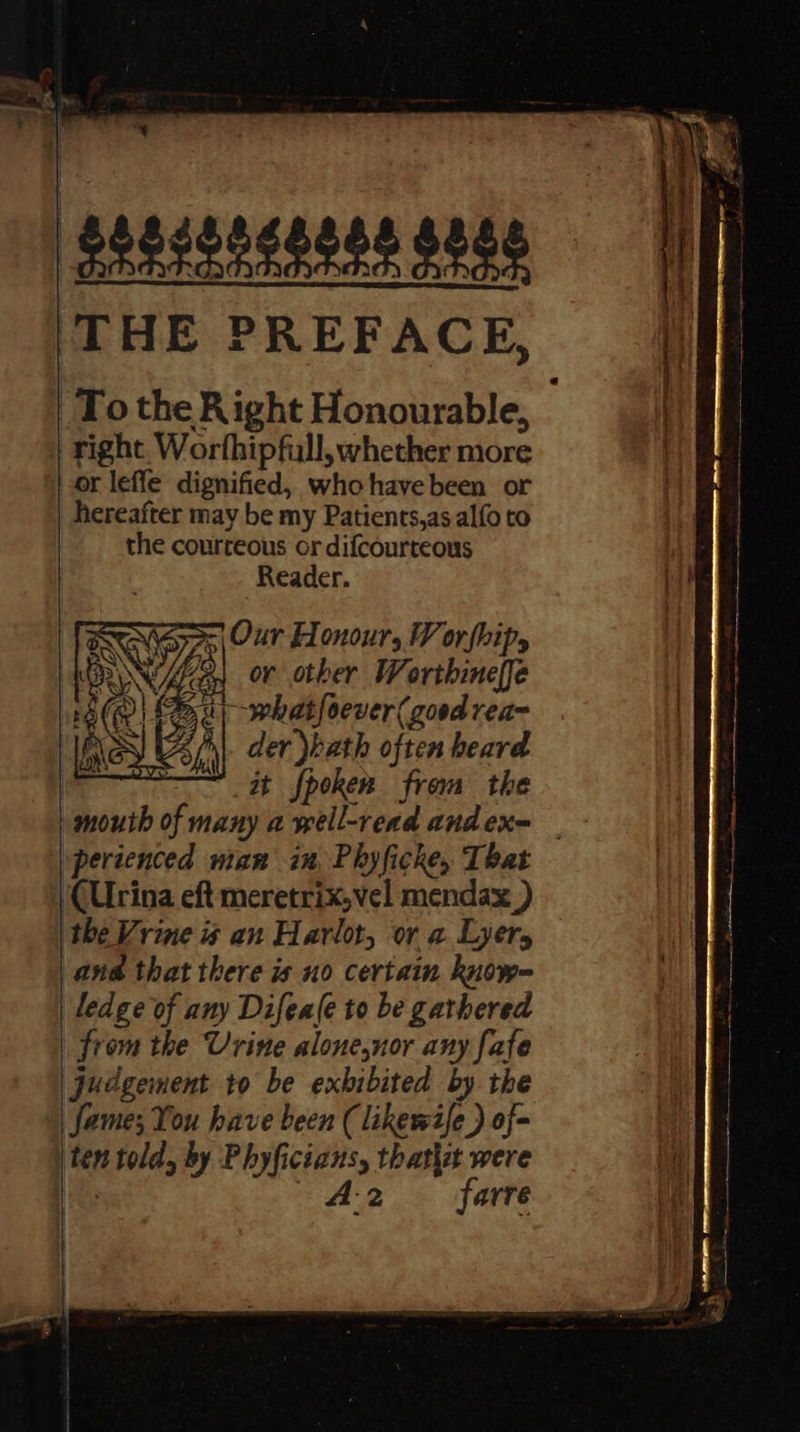                  aBseegeens baas THE PREFACE, right Worfhipfull, whether more or leffe dignified, who have been or hereafter may be my Patients,as alfo to the courteous or difcourteous Reader. =| Our Honour, WV orfhipy Ue, ov other Worthineffe i) -whatfoever( goed rea~ n|. der hath often heard at fpoken from the »perienced man in Phyficke, That ‘CUrina eft meretrix,vel mendax_) the Vrine # an Harlot, or a Lyers ana that there is no certain know- ledge of any Difeale to be gathered from the Urine alone,nor any fafe judgement to be exhibited by the Seme; You have been (likewife ) of- | ten told, by Phyficians, thatit were he A2 ~~ farre  I ng ato. 
