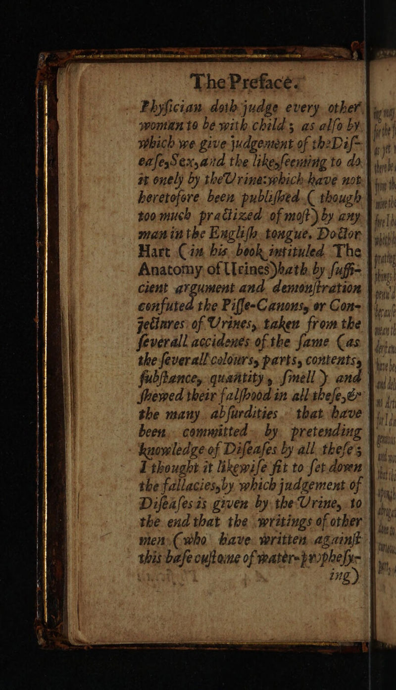 ~~ Snare acecavereta stra chaoenmamecmmanamaipn: ang JERRY g The Prefacey . Phyfician. doth judge every other \y,, woman to be with childs as alfo by. Vy) which we give judgement of theDif~}.,., enfesSex,and the likesfeeming to do.| at onely by theUrine:which have not 4.) heretofore been publifoed( though ¥ 1) toomuch prattized of molt.) by any | i,j) maninthe Eugh(b toxgue. Doctor |, Hart Cin bis book intituled The },., Anatomy of Ucines ath, by fufi- cient argument and. demoufiration | confuted the Piffe-Canonsy or Con }i,.,./ jetinres: of Urines, taken from the |... feverall accidenes of the fame Cas | the feverall colours, parts, contents, | fubfhancey. quantity, fmell) and }.,)) fhewed their falfhood in alltbefe,g&gt; |. the many. abfurdities. that have |) )) been, committed~ by pretending },' knowledge of Difeafes by all thefes \-). I thought it likewife fit to fet-down } the fallaciessby which judgement. of } Difealesas given by theUrine, to} the end that the writings of other ¥ men.( who have: written againt |. this bafe cuftome of tea vem i. erga ing) WP ee eee : = 5 a C35 = = =_ te . 