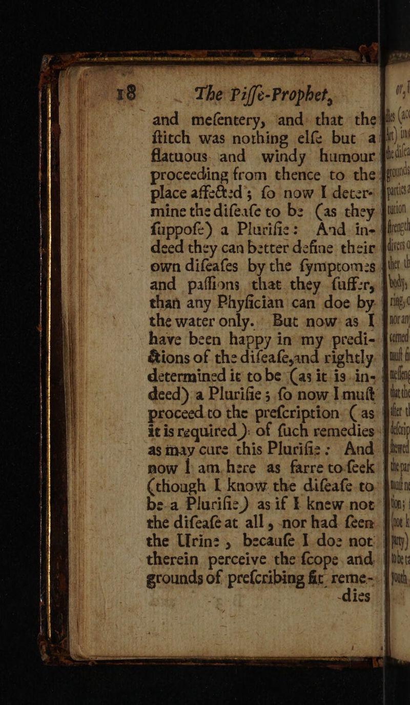   ie r8 The Piffe-Prophet, and mefentery, and: that the fis\ fticch was nothing elfe buc a fil) flatuous- and windy humour flit proceeding from thence to the ffi! place affe&amp;izd’; fo now I deters pris mine the difeate to bz (as they jit! fuppof:) a Plurifie: And. ing phen deed they can better define their pits own difeafes by the fymptom:s fl! and paffions that they fuff:r, [W) than any Phyfician can doe by. ii the water only... But now: as. [ fia have been happy in my predi- Ji étions of the difeafe,and rightly determined it to be (as it is ins | deed) a Plurifie ; fo now I mutt Jitu proceed.to the prefcription. (as ier i¢ is required ): of fuch remedies : Jip as may cure this Plurifiz: And hve now l|am.here as farre to-feek | (though I know the difeafe co} be.a Plurific,) as if § knew noe fil; the difeafe at all, nor had feem fim                           therein perceive. the {cope and, grounds of pre{cribing fir reme~ | dies | 
