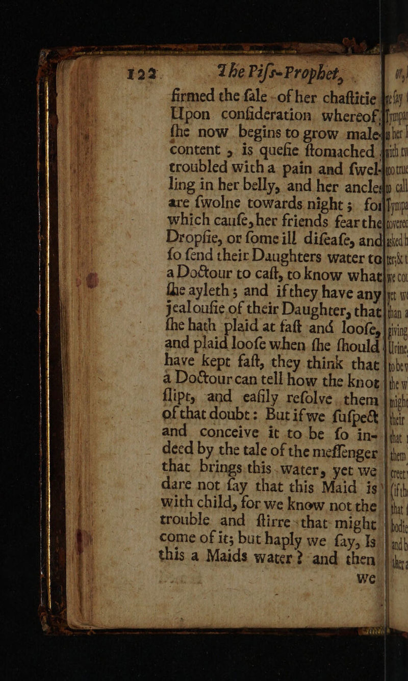  a <S « a sa ee —~ ihe Pifs-Prophet, | ty firmed the fale -of her chaftitie Inf Upon confideration. whereof hyn fhe now begins to grow male4pier! content 5 is quefie ftomached fyi troubled witha pain and {wel- pot are {wolne towards night 5. foslfynp: which caufe, her friends fear thelaver Dropfie, or fome ill difeafe, andlgied! fo fend their Daughters water taltnit a Doftour to caft, to know whatlye co the ayleth; and ifthey have any| yet jealoufie of their Daughter, that} hu ; fhe hath plaid at faft and loofes | ving and plaid loofe when fhe fhould \ jv have kept faft, they think that |pbey a Doétourcan tell how the knoe | ey flipty and eafily refolve. them | nigh ofthat doubt: But ifwe fufpe&amp; } ir and conceive it to be fo ine H that | deed by the tale of the me enger | thm thac_ brings. this Watery yet we | cet: dare not fay that this Maid is (ifth with child, for we know not the | jh: trouble and ftirre<that might. | hyd come of it; but haply we fay, Is aj} this a Maids water? and then Wher we | | | 6 OAS te eH TR ved edeees ®