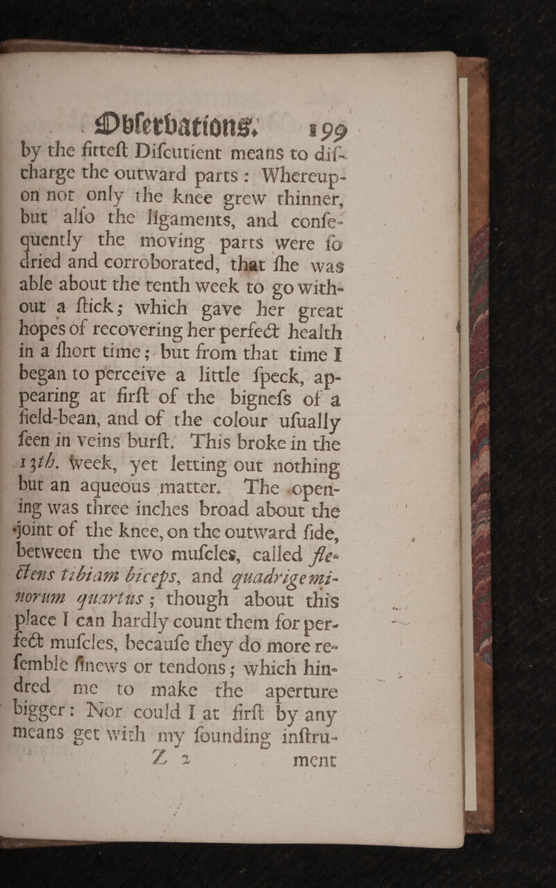 by the firteft Difcutient means to dif- charge the outward parts ; Whereup¬ on not only the knee grew thinner^ but aJlo the ligaments, and confe- qucntly the moving parts were fo dried and corroborated, t^t ihe was able about the tenth week to go with¬ out a hick; which gave her great hopes of recovering her perfed: health in a lliort time; but from that time I began to perceive a little fpeck, ap¬ pearing at firfl: of the bignefs of a field-bean, and of the colour ufually feen in veins burll. This broke in the iph. Week, yet letting out nothing but an aqueous matter. The open¬ ing was three inches broad about the •joint of the knee, on the outward fide, between the two mufcles, called Jle^ Bens tibiam biceps, and quadrigemi- mrum qnarttis ,* though about this place 1 can hardly count them forper- led: mufcles, becaufe they do more re- femble l^news or tendons; which hin- dred me to make the aperture bigger: Nor could I at firft by any means get with my founding inftru- Z a , , ment