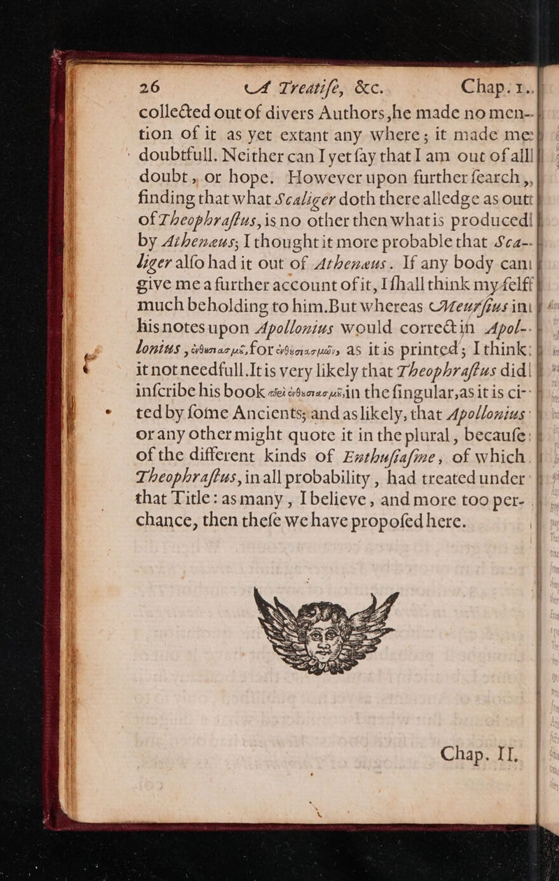   2.6 Cf Treatife, &amp;c. collected out of divers Authors ,he made no men-      much beholding to him.But whereas Meurfius ini it not needfull.Itis very likely that Thcophraftus did | orany other might quote it in the plural, becaufe: of the different kinds of Exsthufjafine, of which Theophraftus,inall probability , had treated under that Title: asmany , I believe, and more too per- chance, then thefe we have propofed here.  Chap. IT. Sa 