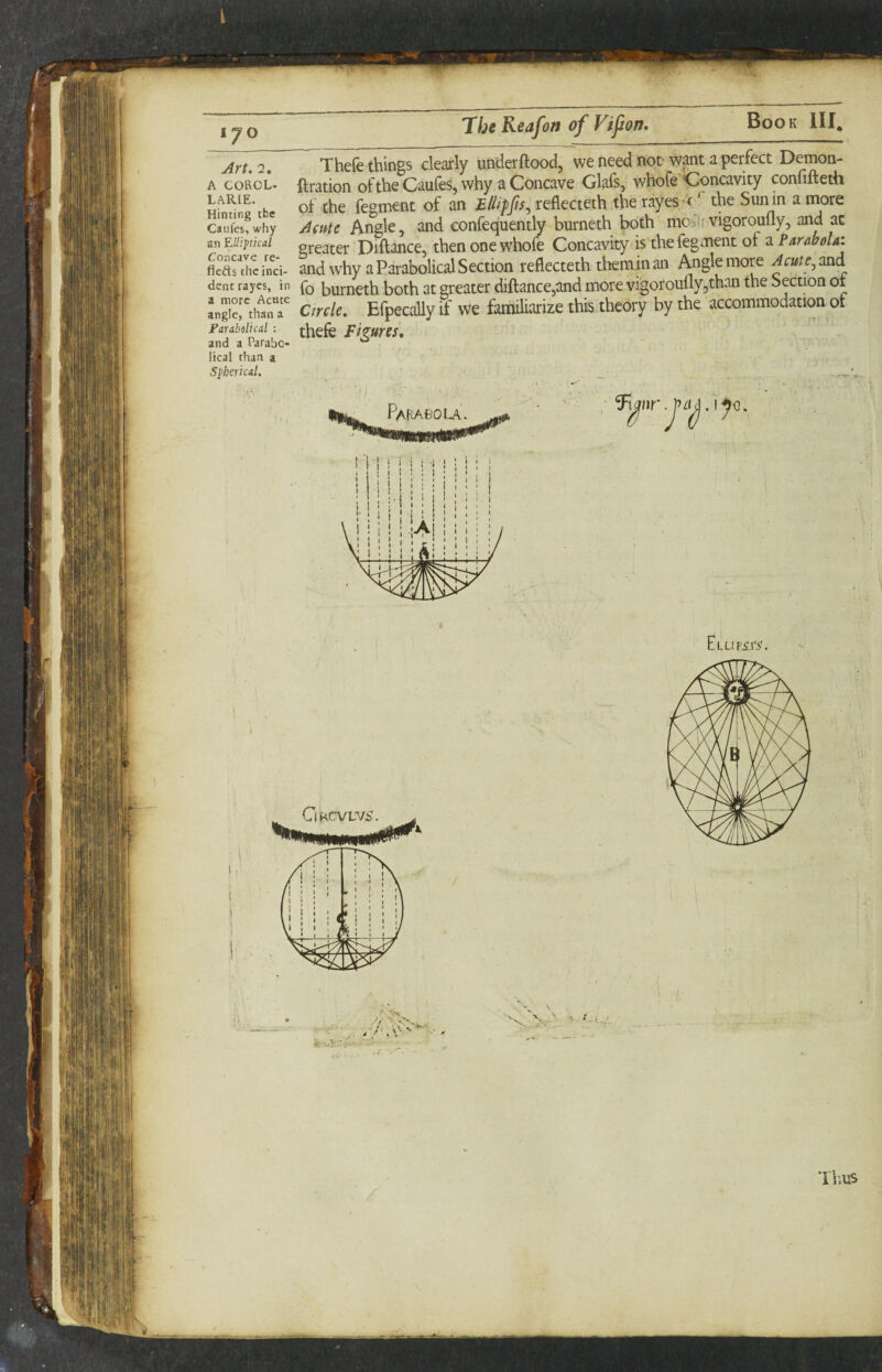 IJO Art. 2, A COROL- LARIE. Hinting the Caufes, why an Elliptical Concave re- flefts the inci¬ dent rayes, in a more Acute angle, than a Parabolical : and a Parabo¬ lical than a Spherical. 'The Reafon of Vifion. Book III* Thefe things clearly underftood, we need not want a perfect Demon- ftration of the Caufes, why a Concave Glafs, whofe'Concavity confifteth of the fe^^ment of an E/iiffs^ reflecteth the rayes/(' the Sun in a more A me Angle, and confequently burneth both moJi; vigor oufly, and at greater Diftance, then one whofe Concavity is the fegment of a and why a Parabolical Section reflecteth them in an Angle more A cut ejand fo burneth both at greater diftance,and more vi'gorouflyjthan the Section of Circle. Efpecally if we familiarize this theory by the accommodation ot thefe Figures. Parabola. MS**' ■rh.us