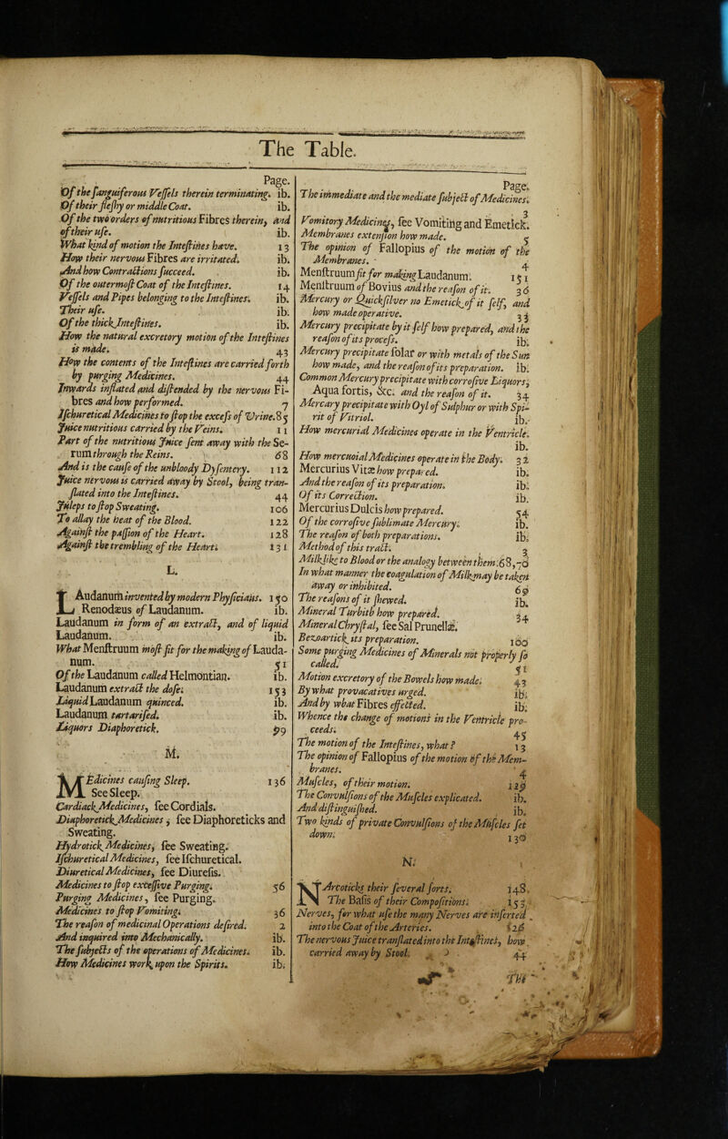 ' ' . Page. Vf the faji^uiferoHS V’ejfels therein terminating, ib. 0f their flejhy or middle Coat, ib. Of the tm orders of nutritious Fibres therein, and of their ufe, \ ib. ivhat kind of motion the Intefiines have, 13 How their nervotu Fibres are irritated, ib. uindhow ContraHions fucceed, . ib. 0f the outermofi Coat of theinteftmes. 14 rejfels and Pipes belonging to the Intefines', ib. Their ufe, . ib; Of the thickjntefiitfes, ib. How the natural excretory motion of the tntefiines is made, 45 How the contents of the Inteftines are carried forth by purging Medicines. 44 Jnwards inflated and difiended by the nervous Fi¬ bres and how performed. q Jfchuretical Medicines to flop the excefs of 'Urine.S^ Juice nutritious carried by the Veins, 11 Part of the nutritious Juice fent away with theSe- rum through the Reins. i 68 jind is the caufe of the unbloody Dy fernery. 112 Juice nervous is carried away by Stool, being tran- flated into the Inteflines. 44 Juleps to flop Sweating, 106 To allay the heat of the Blood. 122 .Againfl the paffion of the Heart. 128 j/igainfl the trembling of the He art i 13 i L. LAudanurh invented by modern PhyficiaUs. 150 Renodasus 0/Laudanum. ib. Laudanum in form of an extrail, and of liquid Laudanum. ib. What Menftruum mbfl ft for the making of hduds.- num. 51 Of the Laudanum called Helmdntian. ib. Laudanum extraCi the dofei 153 Laudanum quinced. ib. Laudanum tartarifed. ib. JLiquors Diaphoretick. ^9 M. 136 MEdicines caufinz Sleep. See Sleep. CardiackJ^edicines, fee Cordials. Diaphoreuck^Medicines, fee Diaphoreticks and Sweating. Hxdrotick^Medicines, fee Sweating. Jfchuretical Medicines, fee Ifchuretical. Hiuretical Medicines, fee Diurefis. Medicines to flop exteffive Purging, 56 Purging Medicines, fee Purging. Medicines to flop Vomitingi 36 The reafon of medicinal Operations deflred. 2 j4nd inquired into 'Mechanically. ib. The fubjeBs of the operations of Medicines, ib. How Medicines wort{, upon the Spirits, ib; I he immediate and the mediate fubjetl of Medicines] Vomitory Medicinej, fee Vomitiug and Emetick. Membranes extension how made. ^ The opinion of Fallopius of the motion of the Membranes, ' . Menftruumfit for Laudanum 1 151 Menltr uum of Bo vius and the reafon of it. 3 6 Mercury or Q^ckfllver no Emettc^ofit felf, and how made operative. Mercury precipitate by it felf how prepared, and the reafon of it sprocefs. ilj; Mercury precipitate folar or with metals of the Sun how made, and the reafon of its preparation, ibl Common Mercury precipitate with corrofive Eiquors’, Aqua fortis, &c. and the reafon of it. 34 Mercary precipitate with Oyl of Sulphur or with Spi^ rit of Vitriol, 15 , How mercurial Medicines operate in the Ventricle. ib. How mereuoialMedicines operate in fne Body, 3 2 MGrcmmsVitx how prepared, ib. ./4nd ther eafon of its preparation, ib^ Of its Correciion. ib. hAQTCUThiSJDulcis how prepared. 54 Of the corrofive fublimate Mercury, ib. The reafon of both preparations, ib. Method of this trail. ^ Milklike to Blood or the analogy between them:6^,'jci In what manner the coagulation of Mil^may be taken dway or inhibited, The reafonSof it jhewedi Mineral Turbitb how prepared. Mineralchryflal, fee Sal Prunelli&’. Bez.oarticJ(_ its preparation. i Some purging Medicines of Minerals not properly fp called, Motion excretory of the Bowels how made I 4 5 By what provacatives urged. find by wbat Fibres effected. Hj- Whence the change of motions in the Ventricte pro- ^ ceeds'. The motion of the Inteflines, what P \ 5 The opinion of Fallopius of the motion bftU Mem¬ branes. '4 Mufcles, of their motion. The Convulfions of the Mufcles explicated. ib. -Anddiflinguijhed. jb. Two kinds of private Convulfions of the Miifcles fet down: j N: NArcoticks their fever al forts. 148. The Balls of their Compoftions: ^ 5 Nerves, for what ufe the many Nerves afe infer ted intothe Coat of the Arteries. ii$ The nervous Juice tranflated into the JntiflineS, how. carried away by Smh • 44 •r fm *■