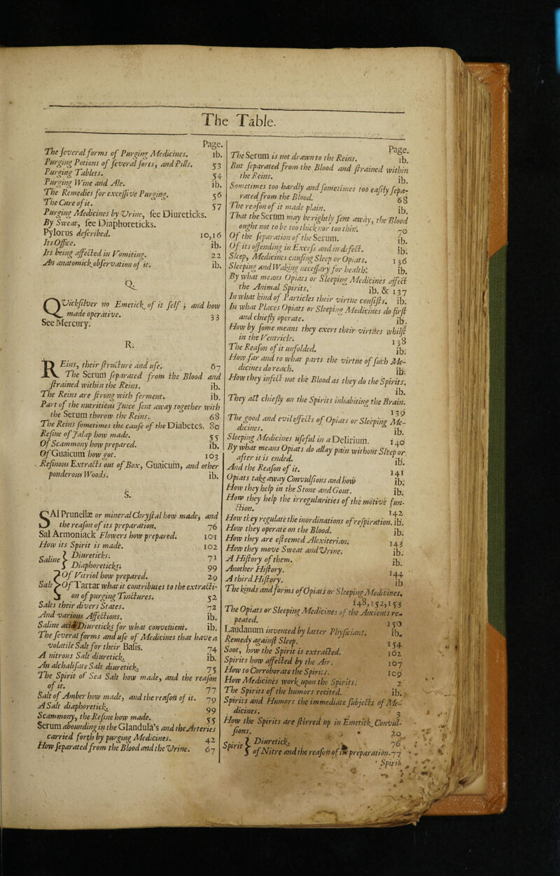 Page. Tloe jeveral forms of PHr^ing THedicines. ib. Purging Potions of feveral forts y and Pills. 53 Purging Tablets. • , Purging Wine and Jle. ib. The Remedies for exccfJiVe Pur^^inn. c6 The Cure of it. ^ ^ y Purging Medicines by Vrincy fee Diureticks. By Sweaty fee Diaphorcticks. Pylorus deferibed. 10,16 JtsOjfce. ib. Its being affected in f'^omiting. 22 u4n anatomick^obfervation of it. ib. QVickfiher no Emetich^ of it felf ^ arid how , made Operative. ^ ^ See Mercury. REinSy their fl'ruclure and ufe'. 67 The Serum feparated from the Blood and framed within the R'eins. ib. The Reins are firong with ferment. ib. Part of the nutritious Juice fent away together With the Serum thorow the Reins. 68 The Reins fometimes the caufe of the DiabeteS. 80 Refine of Jalap how made. ^ ^ of Scammony how prepared. ib. Of Gudlcum how got. ' 103 Refinom Extracts out of BoXy Guaicuin, and other ponderous Woods. ib. The Serum is not drawn to the Reins. fb But feparated from the Blood and flrained within the ReiTiSt *1^ Sometimes too hardly and fometimes too eafiiy fepa¬ rated from the Blood. g g The reafon of it made plain. jb That fk Serum may be rightly fent awdy’y the Blood ought not to be too thick nor too thiri, O f the feparation o f the Strum. , /b Of Its offending in Excefs and in difeSi. ib*: Sleepy Medicines caufing Sleep or Opiats. 136 Sleeping and Walking neceffary for health'. ib. By what means Opiats or Sleeping Adedfeines afeci the Animal Spirits.' ib & 13 7 Jn what kind of Particles their virtUe confifis. ib. In what Places Opiats or Sleeping Medicines do Hrd and chiefly operate. ' . jb How by fame means they exert thiir virtues whif in the T?ntricle. j , g The Reafon of it unfolded. Jb: How far and to what parts the virtue of/rich Me¬ dicines do reach. ib How they infcdl not the Blood as they do the Spirits. They alt chiefy on the Spirits inhabiting the Brain. The good and evil effects of Opiats or Sleeping Me¬ dicines. ' ^ ^ ib SlecfingMeScims iifefulMDelirium. Do By whatmems Opiats da aUay pain without Sltep or after it is ended. , ju ' And the Reafon of it. j ^ Opiats takeaway ConvulflonsandhoW ib.’ How they help in the Stone andCout. ib; How they help the irregularities of the motive fun¬ ction. How they regulate the inordinations of refpiration. ib. How they operate on the Blood, jb; How they are efleemed Alexiterian. 143' How they move S weat and Vrine. \ h A Hifiory of them. jb * Another Hiflory. , ’ v AthirdHiflory. jg The kinds and for ins ofOpiats or Sleeping Medicines, t-n n - i he Opiats or Sleeping Medicines of the Ancients re^ peated. Laudanum invented by latter PhyfeiahS. ib* Remedy igainfl Sleep. ^ Sooty how the Spirit is extracted. 162 Spirits how affected by the Air. i b 7 How to Corroborate the Spirits. 1 c0 How Medicines worlgupon the Spirits: 2. The Spirits of the humors recited. ib. Spirits and Humors the immediate fubjeSts df Me¬ dicines. : ^ How the Spirits dre ftirred Up in Emetitk^ 'ConiJuU pons. . ^ 5 ofNitre and the reafoH ofm preparation.gi' 7 . * ' Spirii ^ * SAl Prunella or mineral Chryfial how made, and the reafon of its preparation. 76 Sal Armoniack Flowers how prepared: io i How its Spirit is made. 102 3 iJiaphoretickSi 99 ? Of T'triol how prepared. 29 Salt^OfA. artar what it contributes to the extraCii- j on of purging Tinctures. 52 Salts their divers States. 72 And various Affections. ib. Saline aci^Diureticks for what convenient. ib. The fever al forms and ufe of Medicines that have a volatile Salt for their Bafis. 74 A nitrous Salt diuretic!^ - ib. An alchalifate Salt dturetich^ 7^ The Spirit of Sea Salt how madey and the reafon of It. ' Salt of Amber how made, and the reufod of it. 79 A Salt diaphoretic}^ Scammonyy the Refine how made. ' Serum abounding in the Glandula’s and the Arteries carried forth by purging Medicines. 42