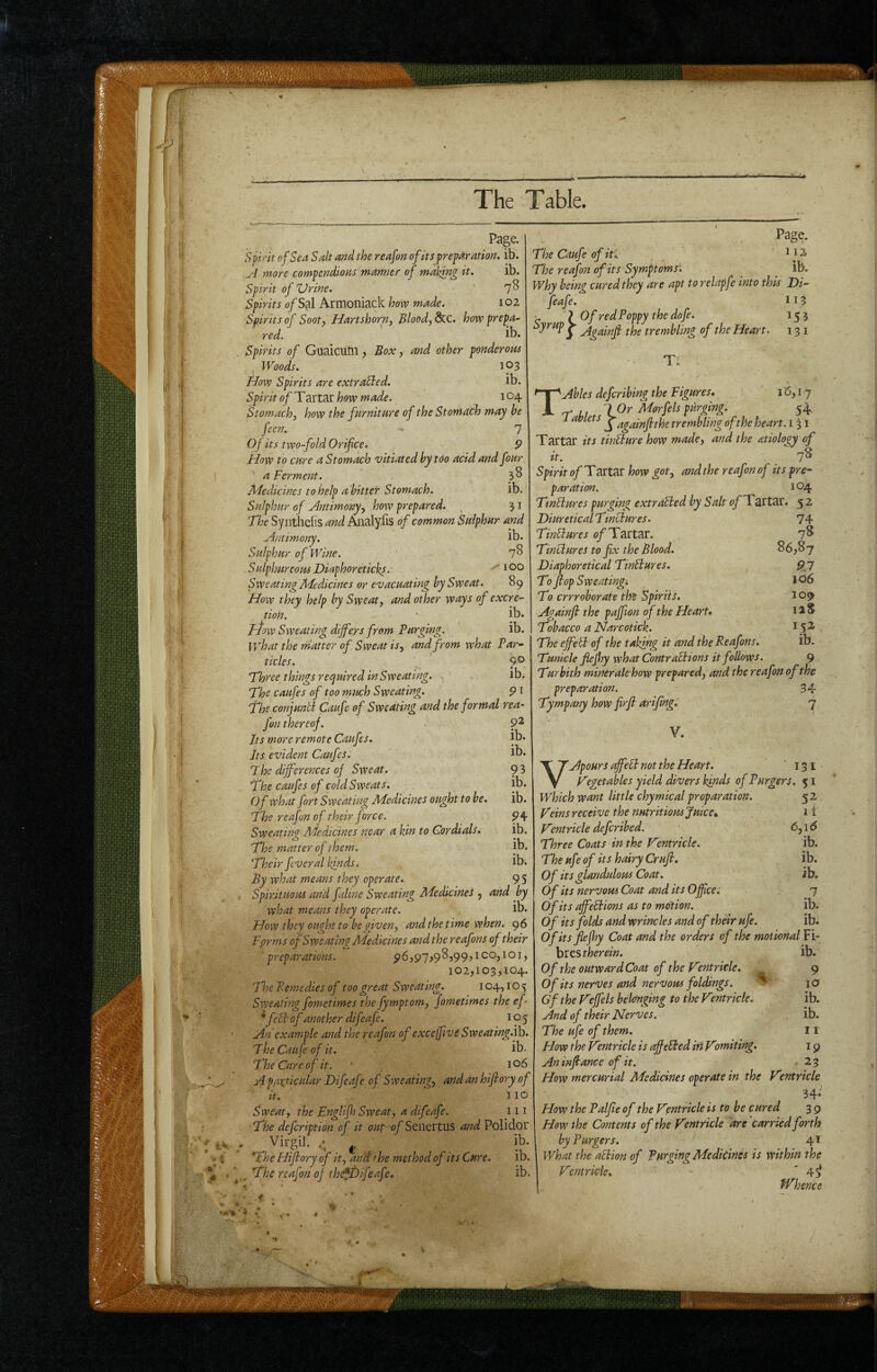 Page. Svirit of Sea Salt and the reafon ofits preparation, ib. _// more compendious manner of mahmg it. ib. Spirit of Urine. ' 7^ Spirits ofS^l Armoniack how made. I02 Spirits of Sooty Hartshorn, Blood, ^C. how prepa¬ red. lb. Spirits of Guaicutll, Box, and other ponderous ^ Woods. ip3 How Spirits are extraUed. lb. Spirit of Tartar how made. 104 Stomach, how the furniture of the Stomach may he feen. “ 7 Of its two-fold Orifice- 9 How to cure a Stomach vitiated by too acid and four a Ferment. jiiedicines to help a 'hitter Stomach. ib. Sulphur of Antimony, how prepared. 31 The Syiitliehs and Analyfis of common Sulphur and Antimony. lb- Sulphur of Wine. 7^ Sulphureous Diaphoreticks. 1 Sweating Medicines or evacuating by Sweat. 89 How they help by Sweat, and other ways of excre¬ tion. - • lb. ffow Sweating differs from Purging. ib. what the rnatter of Sweat is, and from what Par¬ ticles. ' 9® Three things ret^uired in Sweating, ■ ib. The caufes of too much Sweating. 91 The conjunti Caufe of Sweating and the formal rea¬ fon thereof. 9^ Its more remote Caufes. lb* Its evident Caufes. lb* The differences of Sweat. 9 3 The caufes of cold Sweats. jb. Of what fort Sweating Medicines ought to be. ib. The reafon of their force. 94 Sweating Medicines near a kin to Cordials. ib. The matter of them. jb. Their feveral kinds * lb. By what means they operate. 9 S Spirituous and faline Sweating Medicines , and by what means they operate. ib. f/ow they ought to be given, and the time when. 96 Fprms of Sweating Medicines and the reafons of their ■ preparations. 96j97>98,99,100,101, 102,103,104. The Pemedies of too great Sweating. 104,105 Sweating fometimes the fymptom, fometimes the ef ^ feSh of another difeafe. 105 An example and the reafon of excejfivc Sweating.ih. The Caufe of it. ib. The Care of it. • , 106 A paxticular Difeafe of Sweating, andanhifiory of it. 110 Sweat, the Englijh Sweat, a difeafe. 111 The defeription of it oup- of Seiiertus and Polidor ■ , Virgil. ^ ib. */ he Hifiory of it, and 1 he method of its Cure. ib. ^ The reafon of theft)ifeafe. ib. Page. The Caufe of iti 112 The reafon of its Symptoms'. ^ lb. Why being cured they are apt to relapfe into this Di¬ feafe. 113 u }Of red Poppy the dofe. 153 Syrup ^ f jjg trembling of the Heart. 131 T; T Abies deferibing the Figures* T hi /J purging. 54 1 aviets ^^g£^fi:fhe trembling of the heart. 131 Tartar its tinSlure how made, and the axiology of it. 7^ Spirit of Tartar how got, and the reafon of its pre¬ paration. 104 TinSlures purging extraShed by Salt Tartar. 5 2 Diuretical TinUtures. 7 4 TinSlures 0/Tartar. 7^ Tinclures to fix the Blood. 86,87 Diaphoretical TinSlures. 9.7 To flop Sweating!. 1^6 To errroborate the Spirits, 109 Againfi the paffion of the Heart, liS Tobacco a Narcotick. 15^ The effietl of the taking it and the Reafons. ib. Tunicle fiejhy what Contractions it follows. 9 Turbith miner ale how prepared, and the reafon of the preparation. 34 Tympany how firft arifing, 7 V. VApours affeCt not the Heart. ' 131 Vegetables yield divers kinds of Burgers. 51 Which want little chymical preparation. 52 Veins receive the nutritious juice, li Ventricle deferibed. 6,16 Three Coats in the Ventricle. ib. The ufe of its hairy Cruft, ib. Of itsglandulous Coat. ib. Of its nervous Coat and its Officer 7 Of its affections as to motion. ib. Of its folds and wrincles and of their ufe. ib. Ofits flefhy Coat and the orders of the motional Fi¬ bres ib. Of the outward Coat of the Ventricle. , 9 Of its nerves and nervous foldings. lO Gf the Veffels belonging to the Ventricle. ib. And of their Nerves. ib. The ufe of them. 11 How the Ventricle is affeCted ifi Vomiting. i p Aninftance of it. ■ 23 How mercurial Medicines operate in the Vtntricle 34* How the Palfie of the Ventricle is to be cured 3 9 How the Contents of the Ventricle are Carried forth by Burgers. 41 What the aClion of Purging Medicines is within the Ventricle, '4^ M/I/