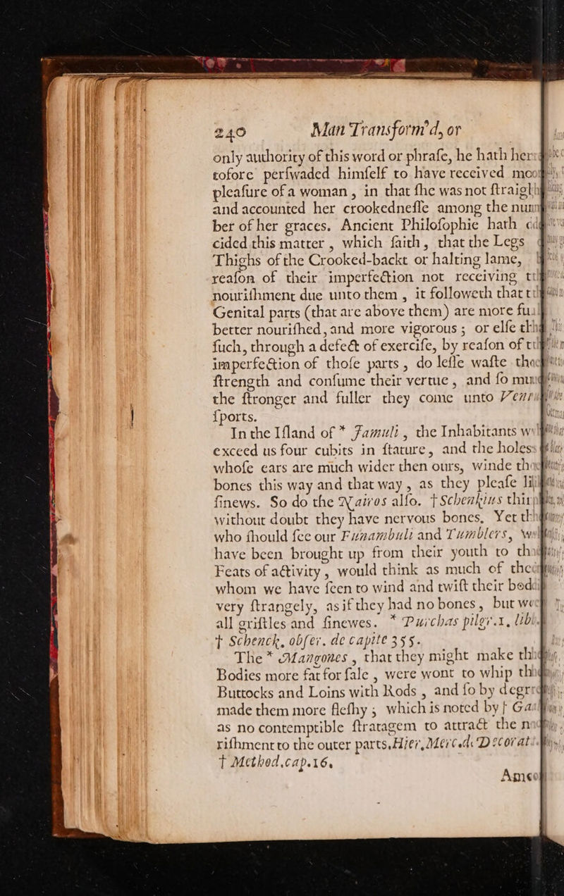 only authority of this word or phrafe, he hath he: tofore perfwaded himfelf to have received mo pleafure ofa woman , in that fhe was not ftraigl and accounted her crookednefle among the num ber of her graces. Ancient Philofophie hath cided this matrer , which faith, that the Legs Thighs of the Crooked-backt or halting lame, reafon of their imperfection not receiving t nourifhment due unto them , it followeth thatt Genital parts (that are above them) are more fu better nourifhed,and more vigorous ; or elfe tl! fuch, through a defeé of exercife, by reafon of t1 imperfedtion of thofe parts, do lefle wafte the ftrength and confume their vertue , and fo mu the ftronger and fuller they come unto Ven {ports. Inthe Ifland of * Famuli , the Inhabitants w exceed us four cubits in ftature, and the holes whofe ears are much wider then ours, winde th bones this way and that way, as they pleafe li without doubt they have nervous bones, Yer th who fhould fee our Fuzambuli and Tumblers, Ww have been brought up from their youth to th Feats of a@tivity , would think as much of the whom we have {een to wind and rwift their bed very ftrangely, asif they had no bones, but wi all griftles and finewes. * Purchas pilgr.1, Ubi. t Schenck, obfer. de capite 355. The * Mangones , that they might make th Bodies more fat for fale , were wont to whip th Buttocks and Loins with Rods , and fo by degrs made them more flefhy ; whichis noted by [ Ga as no contemptible ftratagem to attract the n rifhmentto the outer parts, Hier, Merced D corat t Method .cap.16. Ame