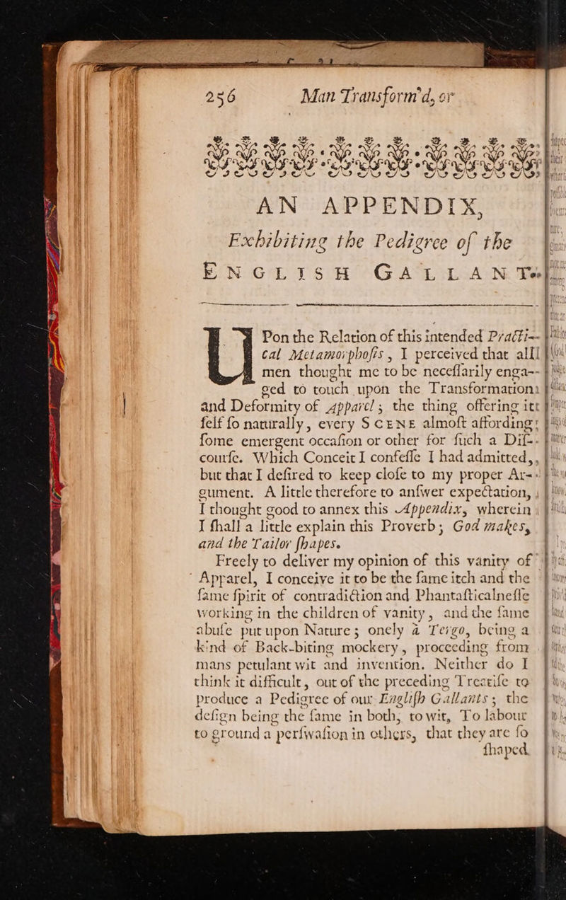 aor ps SE to ES ite’, aS A ne eee paneer eument. A little therefore to anfwer expectation, I thought good to annex this Appendix, wherein I fhall a little explain this Proverb; God makes, and the Tailor fhapes. Freely to deliver my opinion of this vanity of Apparel, I conceive it to be the fame itch and the fame fpirit of contradi€tion and Phantafticalnefle working in the children of vanity, andthe fame abufe putupon Nature; onely a Tego, being a kind of Back-biting mockery, proceeding from mans petulant wit and invention. Neither do I think ic difficult, out of the preceding Treatife te produce a Pedigree of our Englifh Gallants ; the defign being the {ame in both, towit, To labour to ground a perfwafion in others, chat they are fo : fhaped