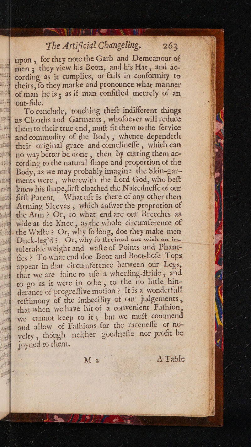 ie rachael =e SS ee a ee 28 —— =. : = c— ST = PE Th e Artificial Changeling, 263 upon , for they note the Garb and Demeanour of men ; they view his Boots, and his Hat, and ac- cording as it complies, or fails in conformity to theirs, fo they marke and pronounce what manner of man he is; asif man confifted meerely of an out-fide. To conclude, touching thefe indifferent chings as Cloaths and Garments , whofoever will reduce them to their true end, muft fit them tothe fervice and commodity of the Body , whence dependeth their original grace and comelinefle , which can no way better be done , then by cutting them ac- cording to the natural fhape and proportion of the Body, as we may probably imagine the Skin-gar- ments were , wherewith the Lord God, who beft knew his fhape,firft cloathed the Nakednefle of our firft Parent, Whatufe is chere of any other then Arming Sleeves , which an{wer the proprotion of the Arm? Or, to what end are our Breeches as wide at. the Knee, asthe whole circumference of the Wafte &gt;? Or, why folong, doe they make men Duck-leg’d 2 Or, why fo (ircined out with an ino tolerable weight and wafte of Points and Phant- fics &gt; To what end doe Boot and Boot-hofe Tops appear in that circumference between our Legs, that we are faine to ufe a wheeling-ftride, and to go as it were in orbe , to the no little hin- derance of progreffive motion? Itisa wonderfull ceftimony of the imbecility of our judgements , that when we have hit of a convenient Fafhion, we cannot keep to its but we muft commend and allow of Fafhions for the rarenefle or no- velty , though neither coodnefle nor profit be joyned ro them. A Table
