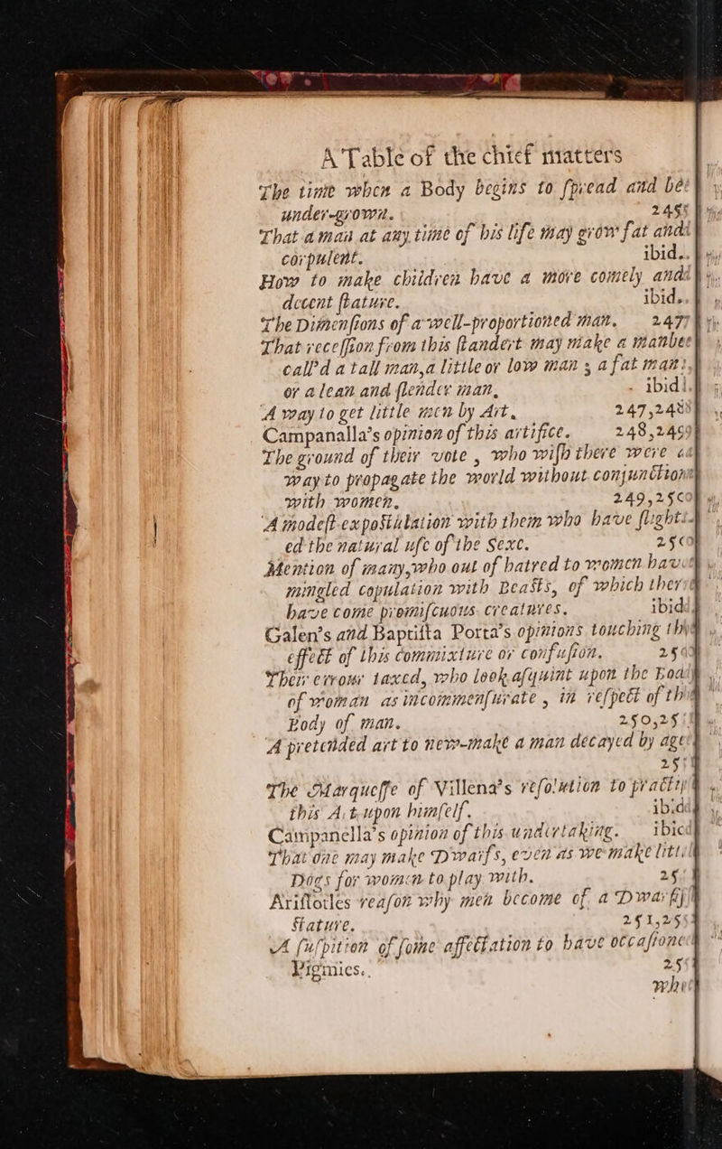 The tine when a Body begins to fpvead and be under-grown. 2455 | That.aman at any time of bis life may grow fat andi corpulent. ibid. How to make children have a more comely ana decent ftature. ibid. “he Dimenfions of awell-proportioned man. 247 That receffion from this ftandert may make a manbee calld a tall man,a little or lowe man ; a fat mani} or alean and flendcy man, . ibid! ‘A way to get little men by Art, 247,248 Campanalla’s opinion of this artifice. 248,246 The ground of their vote , who wilh there were « way to propagate the world without conjunction with women. 249,25¢ ‘A modeft-expostutation with them who have flight. ed the natural ufe of the Sexe. 25 «0 Mention of many, who out of hatred to women hau mingled copulation with Beasts, of which ther have come premifcuous crealnies. ibid Galen’s avd Baptifta Porta’s opmions touching 1h) effect of this Comnuxture or confusion, 259 hei ervomi taxed, vho look. afyuint upon the boa of woman as incoimmenfurate , in re[pect of thd Body of man. 250,25) A pretended art to nev-make a man decayed by age 25 The Marqueffe of Villena’s refolwtion to practy this A. t.upon himfelf. ibid Cainipanella’s opinion of this wad taking. — ibic That one may make Dwaifs, even as we make litt, Dogs for women to play. with. 25 Ariflotles reafon why men become of a Dwarfj ature. 291,25 A (ufpition of fome affectation to have occafione Pigmies..