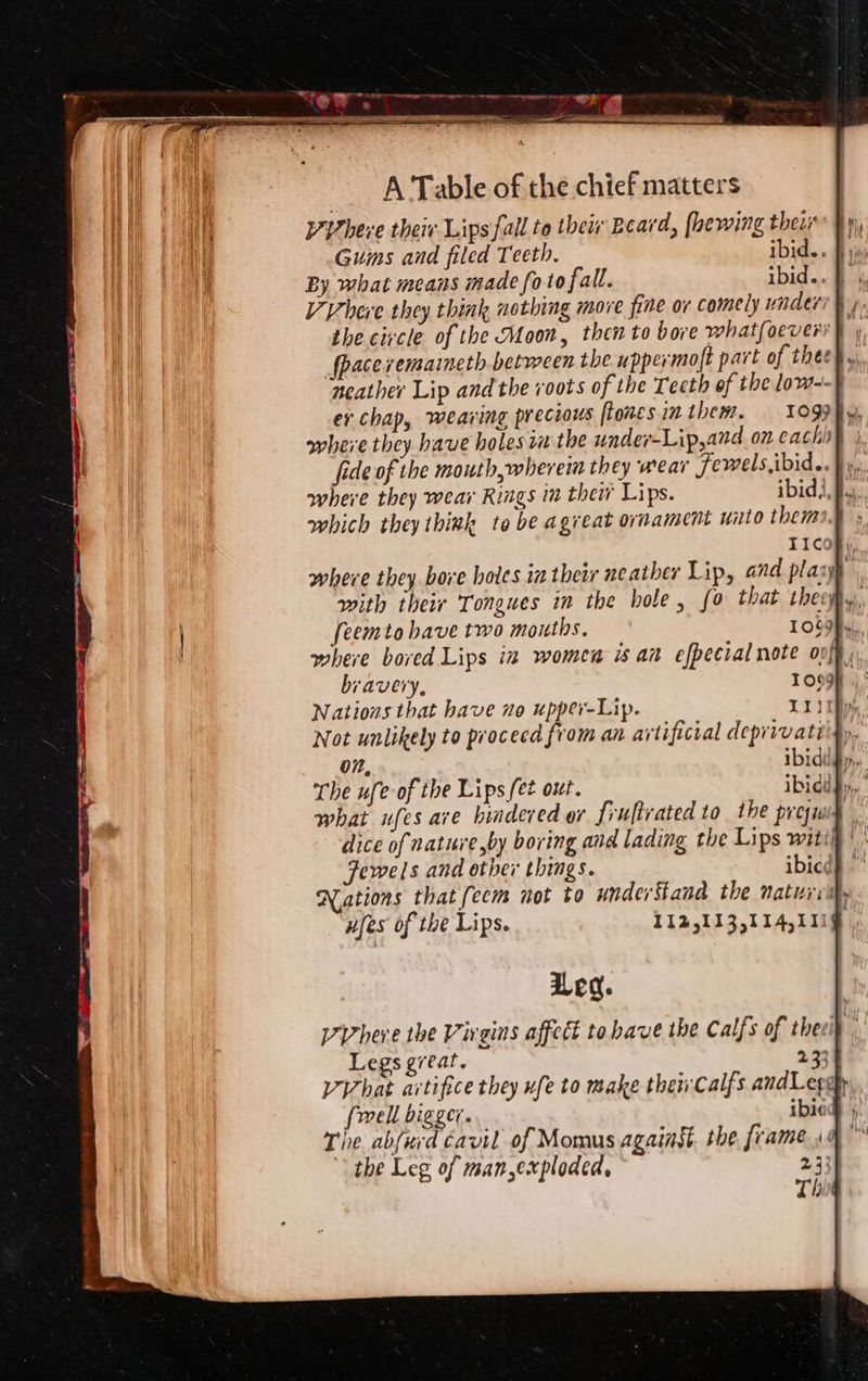 VV heve their Lips fall to their Beard, faewing thei Py) Guns and filed Teeth. ibid.. fy By what means made fotofall. ibid.. } i Vivheve they think nothing more fine or comely under: ¥ the circle of the Moon, then to bore what(oevers space vemaineth between the uppermoft part of thee weather Lip and the roots of the Tecth of the low. er chap, weaving precious ftonesin them. 10g99hy, where they have holes ra the under-Lip,and on cach} | fide of the mouth, wherein they wear Fewels, ibid. hy, where they wear Rings in thew Lips. ibid). Buy, which they think to be agreat ornament unto thems TICOfy, where they bore botes in their neather Lip, and play, with their Tongues in the hole, fo that the feemto have two mouths. 1069fy. where bored Lips in women is an efpecial note oofp, bravery, TOO Nations that have no upper-Lip. OOn i, Not unlikely to procecd from an artificial deprivati'}, ibidilg, Leg. VVhere the Virgins affect tobave the Calfs of the Legs great. 233% Vihat artifice they ufe to make their Calfs andLegep fmell bigger. ibieg , Tie abfurd cavil of Momus against. the frame sa the Leg of man,exploded, 2331
