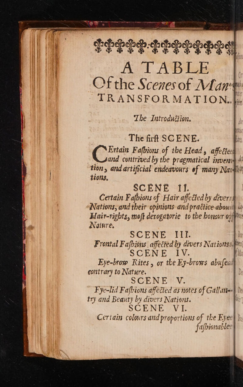 dh ACR RSMO | Ps Soeeeseepned A TABLE Of the Scenes of Mant TRANSFOR MATION. My The Introduction. 7 The firt SCENE. } Ok Fafbions of the Head, affeéte Nand contrived by the pragmatical invema tion andartificial endeavours of many Nath! tions. SCENE ER! © Certain Fafbions of Hair affected by diverr§ Nations, and their opinions and practice abony'} «) Hair-rights, moft derogatorie to the honour op{p Naiure. SCENE III. : Frontal Fafhions affected by divers Nationss,fm SCENE | Eye-brow Rites, or the Ey-brows abufec contrary to Nature. SCENE V. Fye-lid Fafbions affected as notes of Gallatte} be try and Beauty by divers Nations. | SCENE VI. Certain colours and proportions of the Eye fafbionable