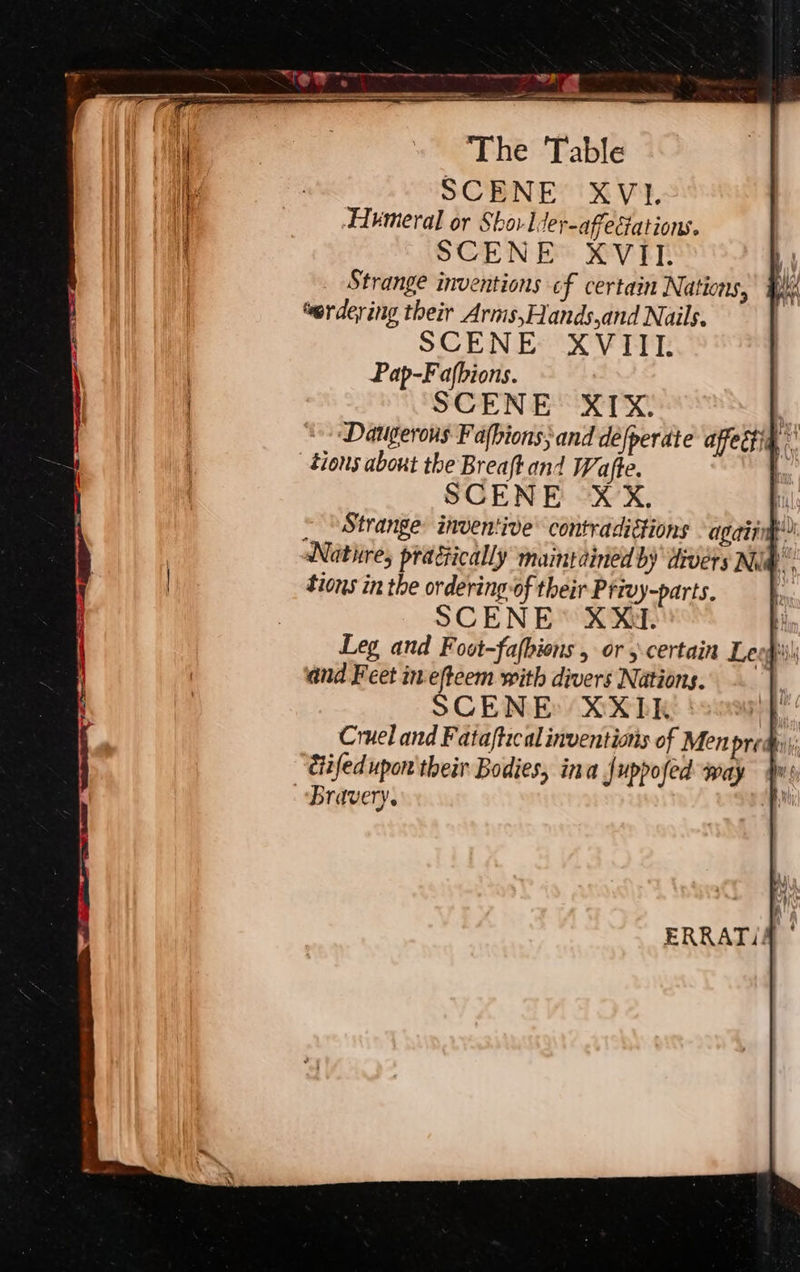 ‘The Table SCENE XVI FIumeral or Shovlder-afeciations. SCENE XVII. Strange inventions cf certain Nations, “ordering their Arms,Hands,and Nails. SCENE XVIII. Pap-Fafbions. SCENE XIX. ) Datgerous Fafhions; and défperate affect} ie tions about the Breaftand Wafte. | SCENE XX, q ~ Strange inventive’ contradictions -agatinl 4 Nature, praéically mamtained by divers Nu@.. tions in the ordering-of their Privy-parts. SCENE XX.