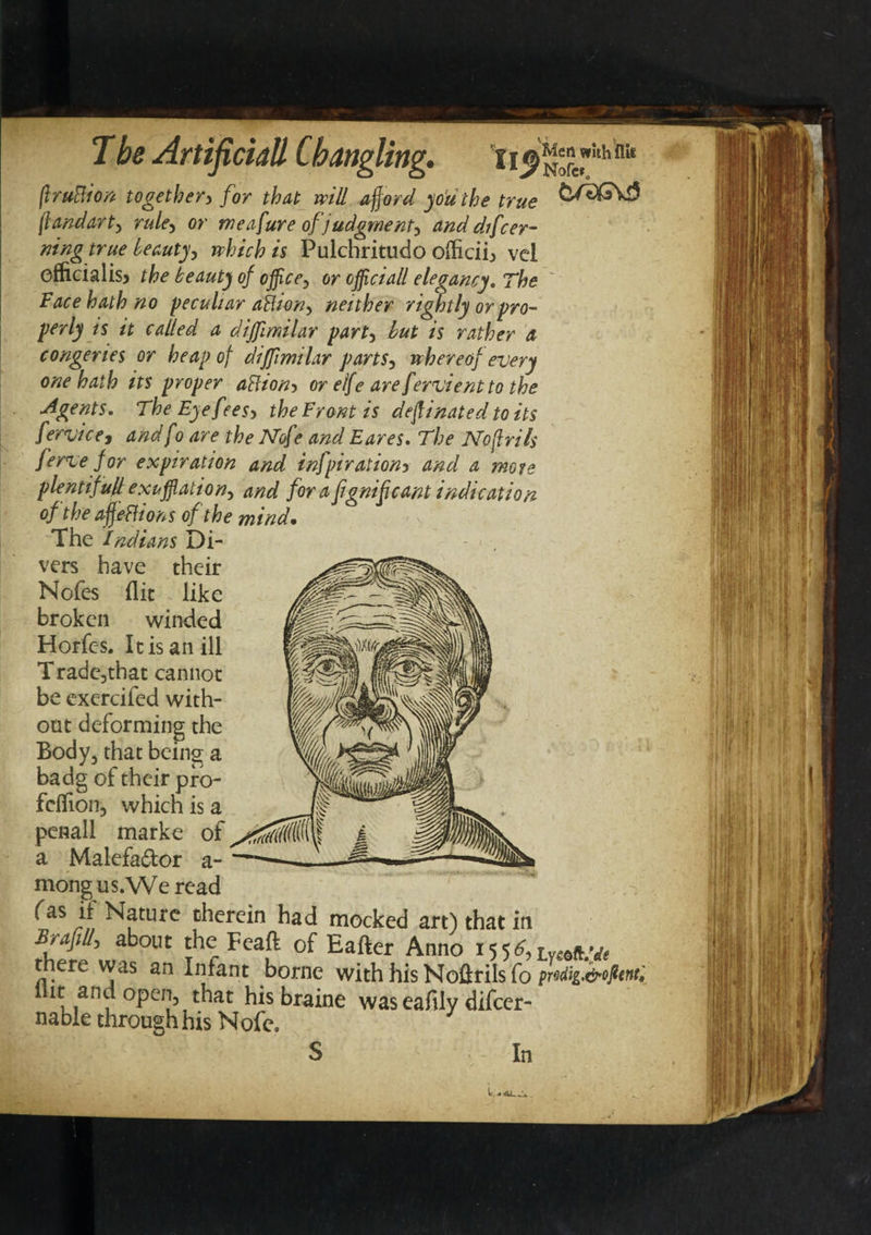 T be Artificiall Changling. ti <^Xw!thflfe firuHion together, for that will afford you the true (landart, rule, or meafure of judgment, and difcer- ning true beauty, which is Pulchritudo officii, vel officialise the beauty of office, or officiall elegancy. The Face hath no peculiar akion, neither rightly or pro¬ perly is it called a dijfimilar part, but is rather a congeries or heap of dijfimilar parts, whereof every one hath its proper aHion, orelfearefervienttothe Agents. The Eye fees, the Front is deflinated to its fervice, and f o are the Nof ? and Eares. The No ft ri is ferve for expiration and infpiration, and a mote plentiful e xuflat ion, and for a fgnif cant indication of the affeftions of the mind• The Indians Di¬ vers have their Nofes flit like broken winded Horfes. It is an ill Tradejthat cannot be exercifed with¬ out deforming the Body, that being a badg of their pro- feifion, which is a penall marke of a Malefa&or a- mongus.VVe read fas if Nature therein had mocked art) that in Brtfiu, about theFeaft of Eafter Anno 1551 there was an Infant borne with his Nofirilsfo prodig.&ofimt it and open that his braine was eaffly difccr- nable through his Nofe. S In li, ■* T&C Cl