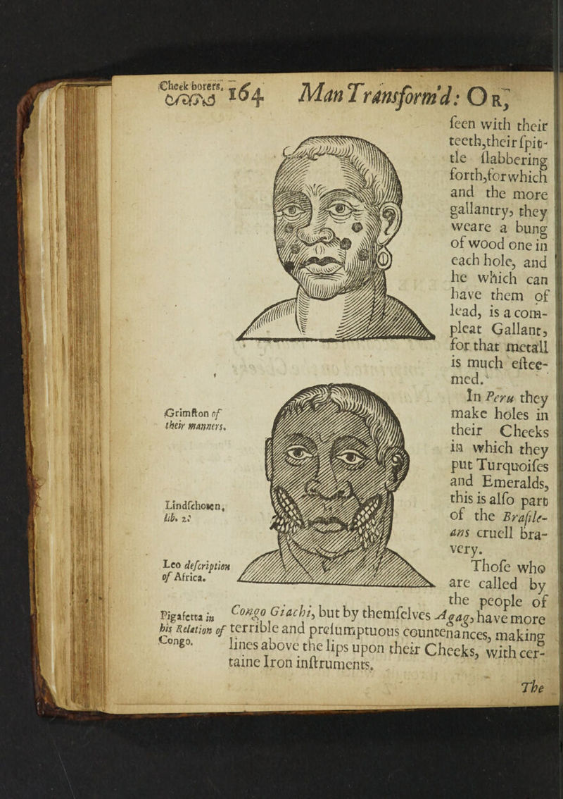 fecn with their teeth5their (pie- tie (labbering forth,for which and the more gallantry3 they weare a bung of wood one in each hole, and he which can have them of lead, is a com- pleat Gallant} for that rnetall is much eftee- rued/ In Peru they make holes in their Cheeks in which they put Turquoifes and Emeralds, this is alfo pare of the Brafilt- ans cruell bra¬ very. Th ofe who are called by Pig«fetum Congo GUchi, but by themfclves havemore bit Rtutim of terrible and prelunsptuoHs countenances makine °6°’ llncs atbove. tbe !iPs uPon their Cheeks, with cer- tame Iron mftruments. Crimfton of their manners. Lindfchoicn, lib. z! Leo defcriptioH of Africa. The