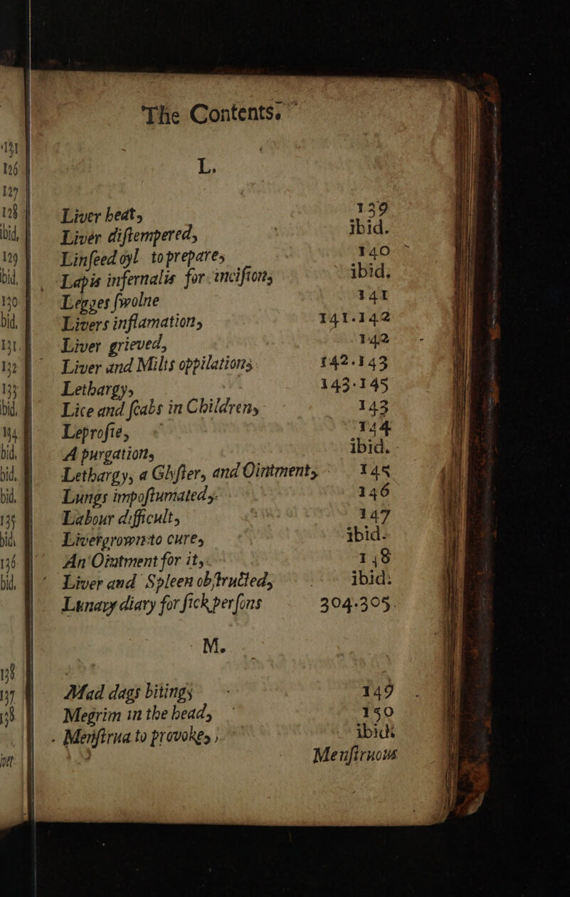 L. Liver beat, Liver diftempered, Linfeed yl toprepare, Lapis infernalis for incifiors Legges fwolne Livers inflamation, Liver grieved, Liver and Milts oppilations, Lethargy, Lice and feabs in Childrens Leprofie, © A purgations 139 ibid. 140 &gt; ibid, 141 141-142 wd 142.543 143-145 145 144 ibid. - Lungs impoftumatedy. Labour difficult, Livergrowmto cures An Onatment for its: ~ Liver and Spleen objtruited, Lunary diary for fick perfons M. Mad dags biting’ Megrim in the bead, - Menfirna to provokes » 146 147 ibid. T it) ibid: 304-305. 149 150 ibick Me nfirnows