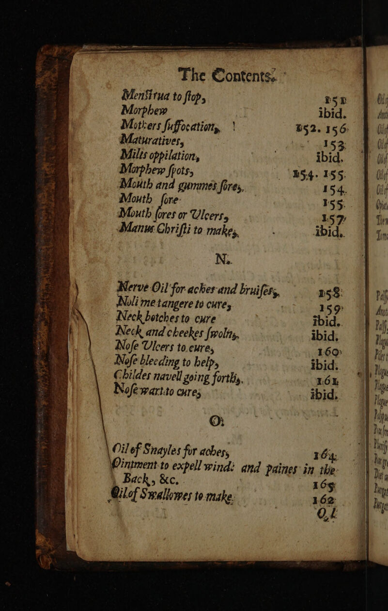 Mensirua to ftop, P52 Morphew | ibid. Mothers fuffocation, ' B52. 156: Maturatives, be gl SR Mitts oppilation, ibid. Morpher fpots, B54. 155. Mouth and gummes fores, 154. Mouth fore: 55. . Mouth (ores or Uleers, Manus Chrifti to makes, N.. Nerve Oil for aches-and bruifers, Noli metangere to cure, | Neck betches to cure Neck and cheekes {woltts, Nofe Uleers to.cure, Nofe bleeding to help, Childes navell going fortliy, Nofewart.to cures ©: