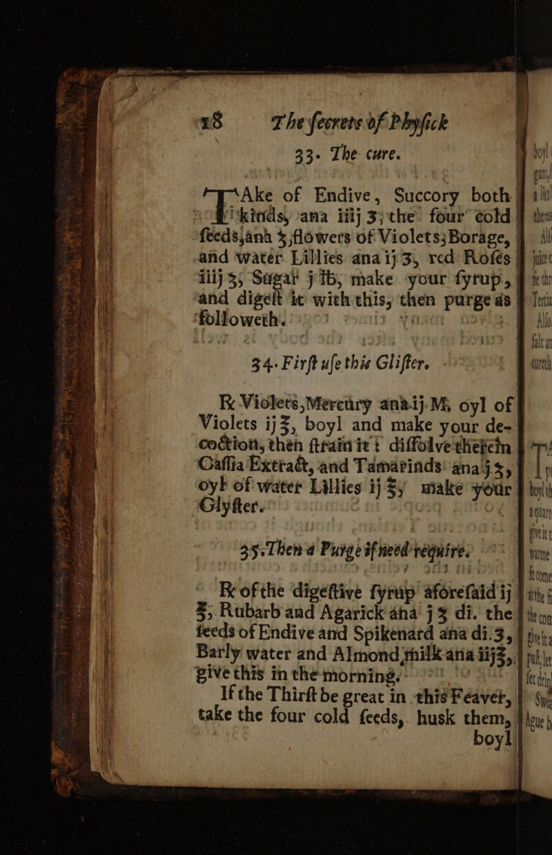 33- The cure. Ake of Endive, Succory both) So Ukinds, ana itij 3jthe four’ cold | feeds,ana % flowers of Violets;Borage, | and water Lillies ana ij 3, red Rofés § ji iiij 35 Sagal j 1b, make your fyrup, | ‘and digett it with this, then purge as | ‘followeth. 03 ely yan hd 34. Firft ufe thie Glifter. Re Violets, Mercury an’ij-Mi oyl of Violets ij, boy] and make your de-. cogion, then ftrain itt diffolve dhefein | Caffia Exeta&amp;, and Tamarinds' anajs, | oy! of water Lillies ij $y make your’ Glyfter. | Oo | Reofthe digeftive fyrap aforefaid ij. 5, Rubarb and Agarick aha j % di. the: feeds of Endive and Spikenard ana di.3, | siy; Barly water and Almond silk atia ii, py) |, give this in the morning.- etd If the Thirft be great in this Feavet, take the four cold feeds,. husk them, boy]