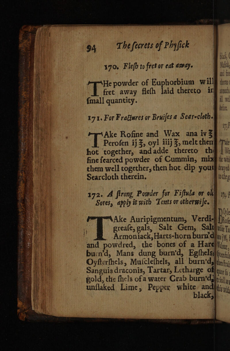 370. Flefh to fret or eat away. de powder of Euphorbium will fret away fiefh laid thereto in {mall quantity. 171. For Fragures or Bruifes a Sear-clothe Ake Rofine and Wax ana iv 3 Perofen ij 3, oy! iiij J, melt cheng Tie hot together, andadde thereto thi i finefearced powder of Cummin, mix§ tie vii them well together, then hot dip youtg inyed Searcloth therein. B iothe \Ake Auripigmentum, Verdi-} fii; oreafe, gals, Sale Gem, Saltiuiii7, Armoniack, Harts-horn burn'dify, i | and powdred, the bones of a Harel{ijn, burn’d, Mans dung burn’d, Egthelsi fyi) Oyfterfhels, Muiclefhels, all burn’dsitin},: Sanguisdraconis, Tartar, Letharge of aur gold, the fhels of a water Grab burn’d, till unflaked Lime, Pepper white and bin blacks)